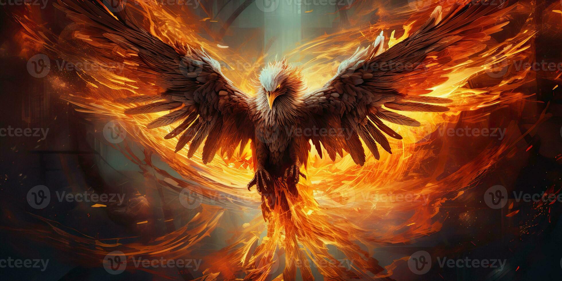 AI Generated. AI Generative. Phoenix bird on black background. Mythology symbol decoration creature of rebirth fire flame concept. Graphic Art photo