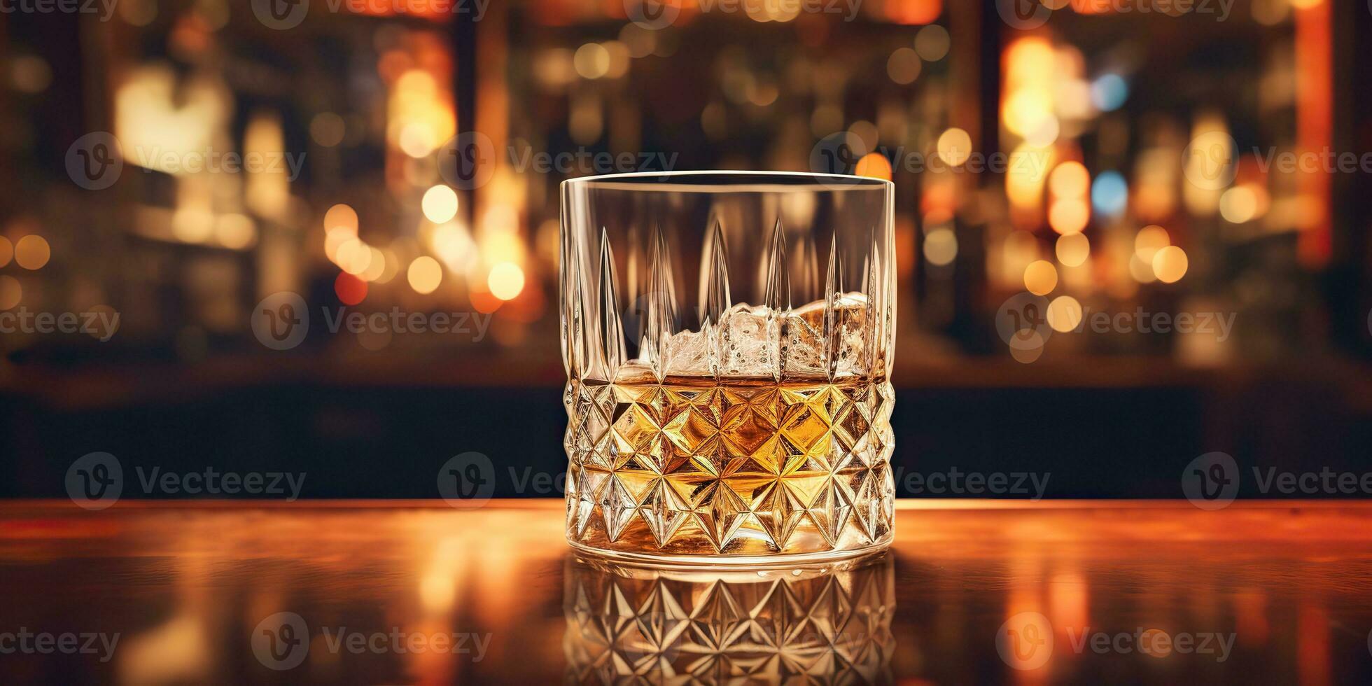 ai generado. ai generativo. clásico alcohol whisky escocés bebida en vaso con hielo cubitos a bar pub. cerca club antecedentes decoración burlarse de arriba. gráfico Arte foto