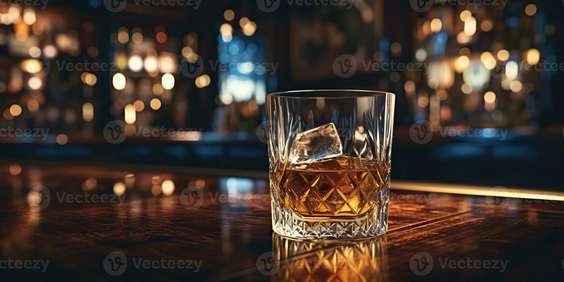 ai generado. ai generativo. clásico alcohol whisky escocés bebida en vaso con hielo cubitos a bar pub. cerca club antecedentes decoración burlarse de arriba. gráfico Arte foto