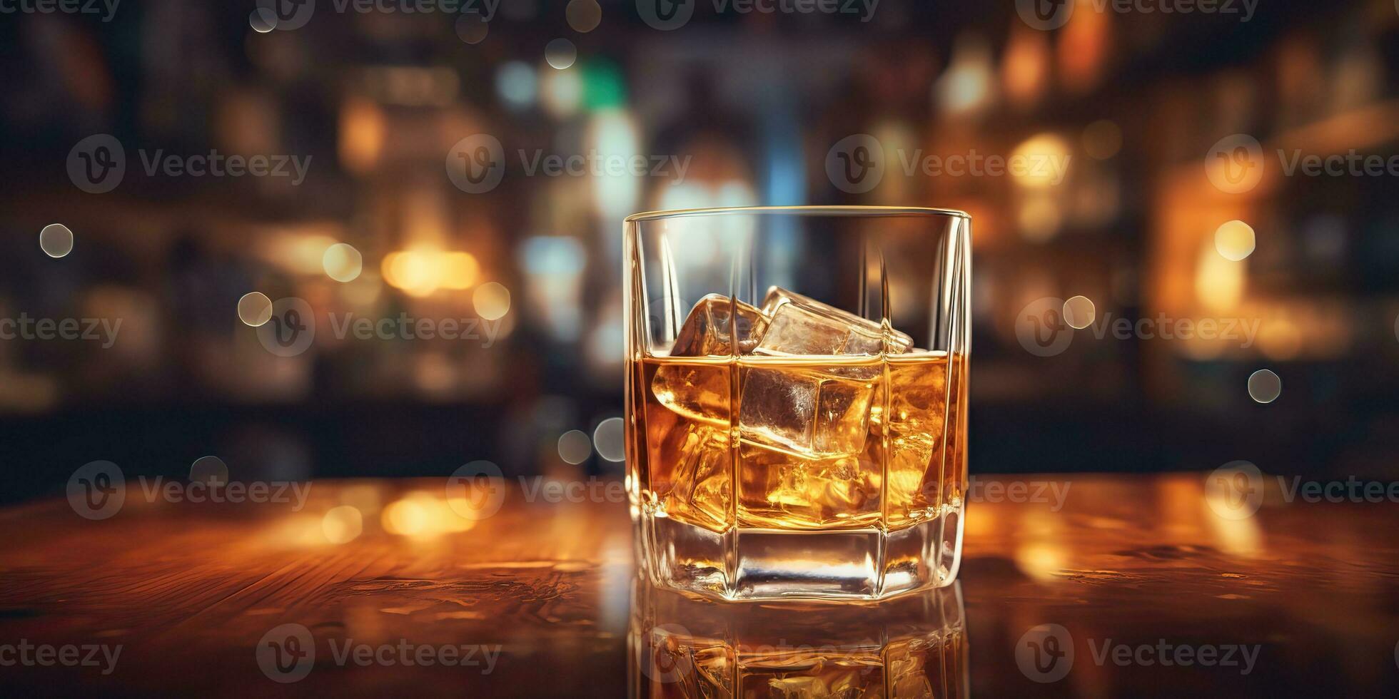 ai generado. ai generativo. clásico alcohol whisky escocés bebida en vaso con hielo cubitos a bar pub. cerca club antecedentes decoración burlarse de arriba. gráfico Arte foto