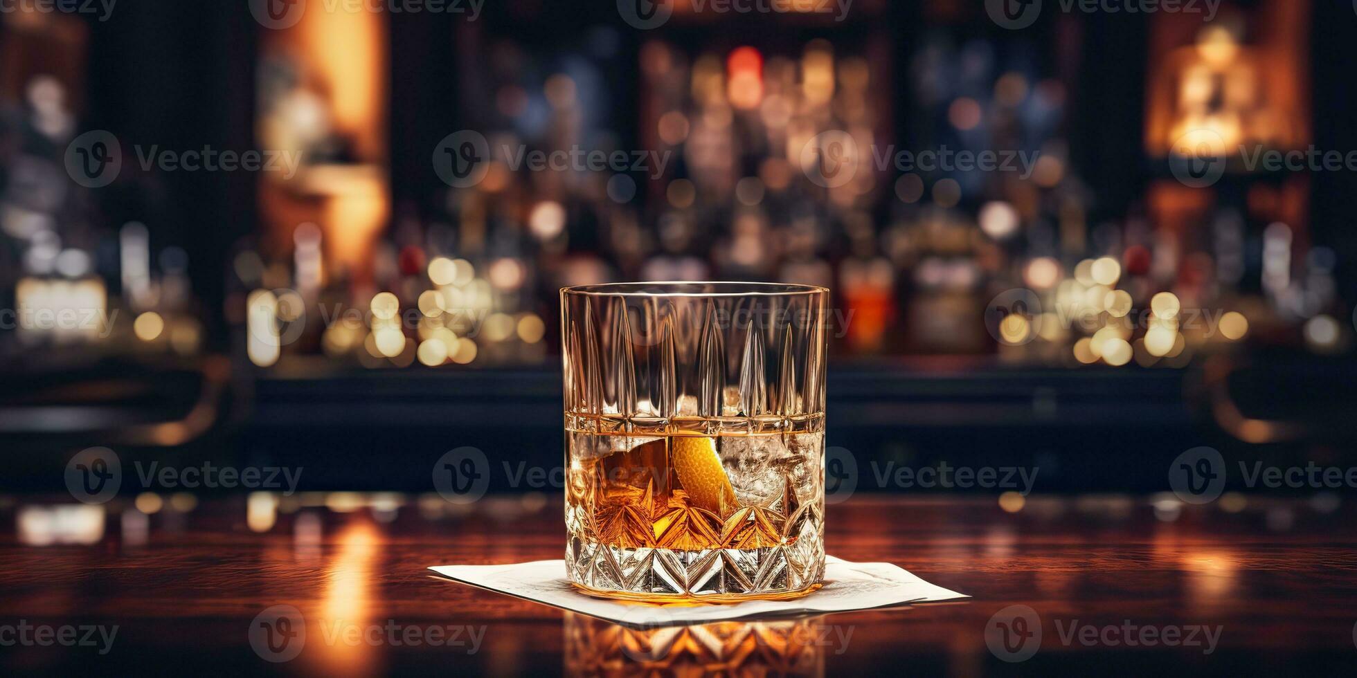 ai generado. ai generativo. clásico alcohol whisky escocés bebida en vaso con hielo cubitos a bar pub. cerca club antecedentes decoración burlarse de arriba. gráfico Arte foto