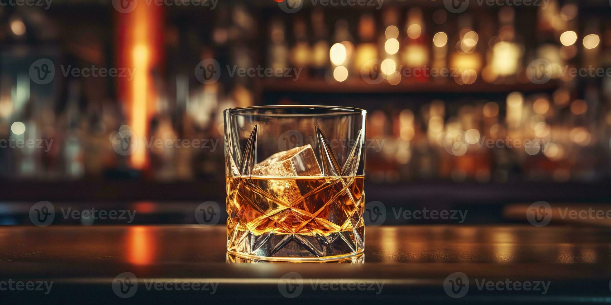 AI Generated. AI Generative. Classic alcohol whiskey scoth drink in glass with ice cubes at bar pub. Nigh club background decoration mock up. Graphic Art photo