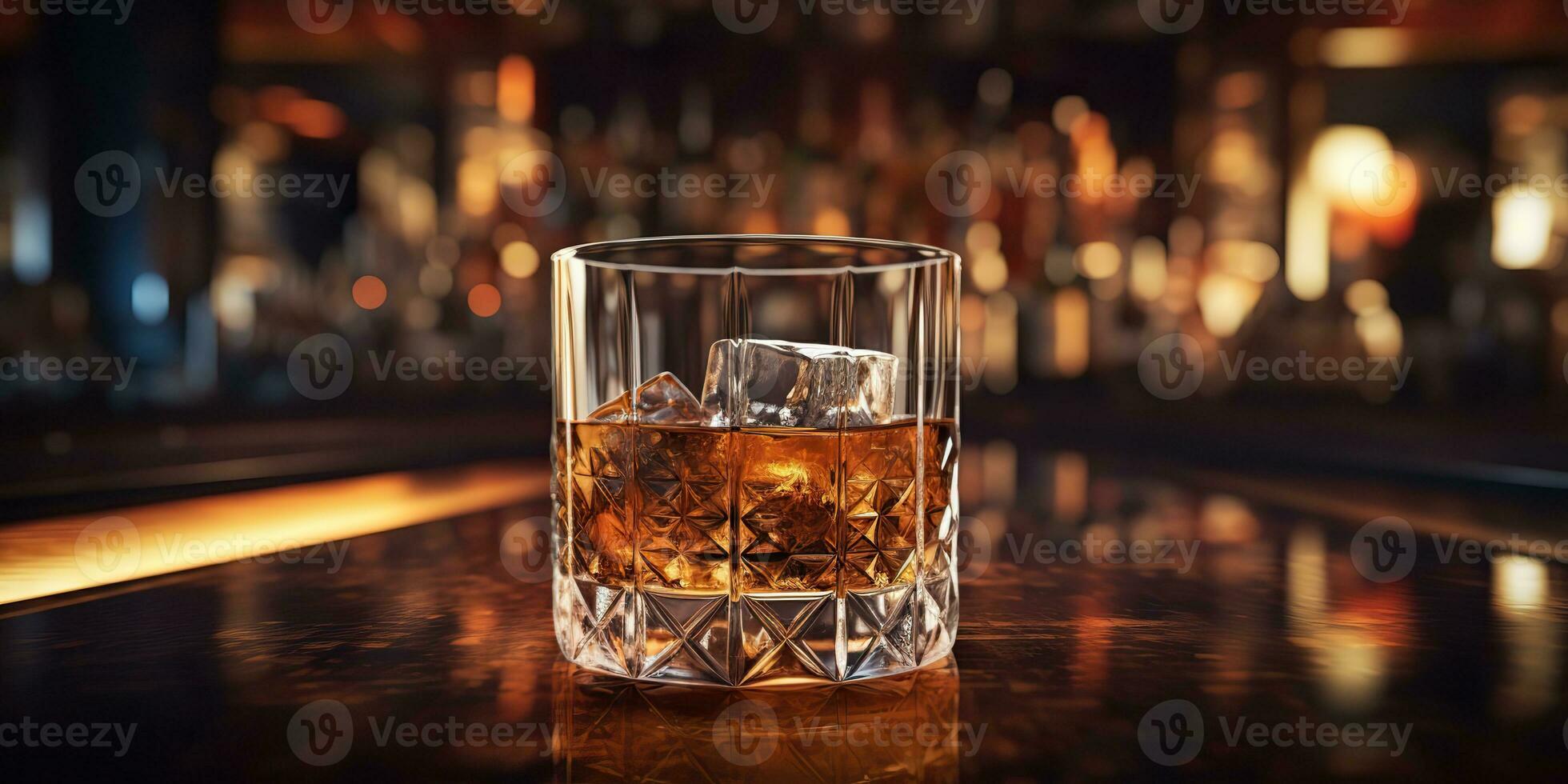 ai generado. ai generativo. clásico alcohol whisky escocés bebida en vaso con hielo cubitos a bar pub. cerca club antecedentes decoración burlarse de arriba. gráfico Arte foto