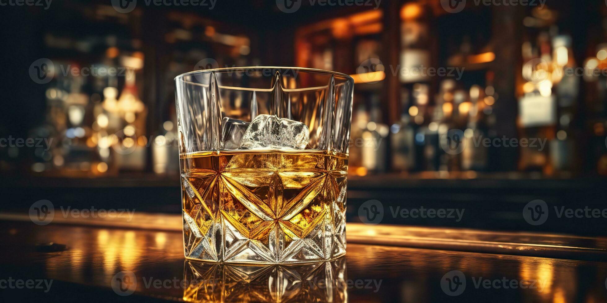 AI Generated. AI Generative. Classic alcohol whiskey scoth drink in glass with ice cubes at bar pub. Nigh club background decoration mock up. Graphic Art photo