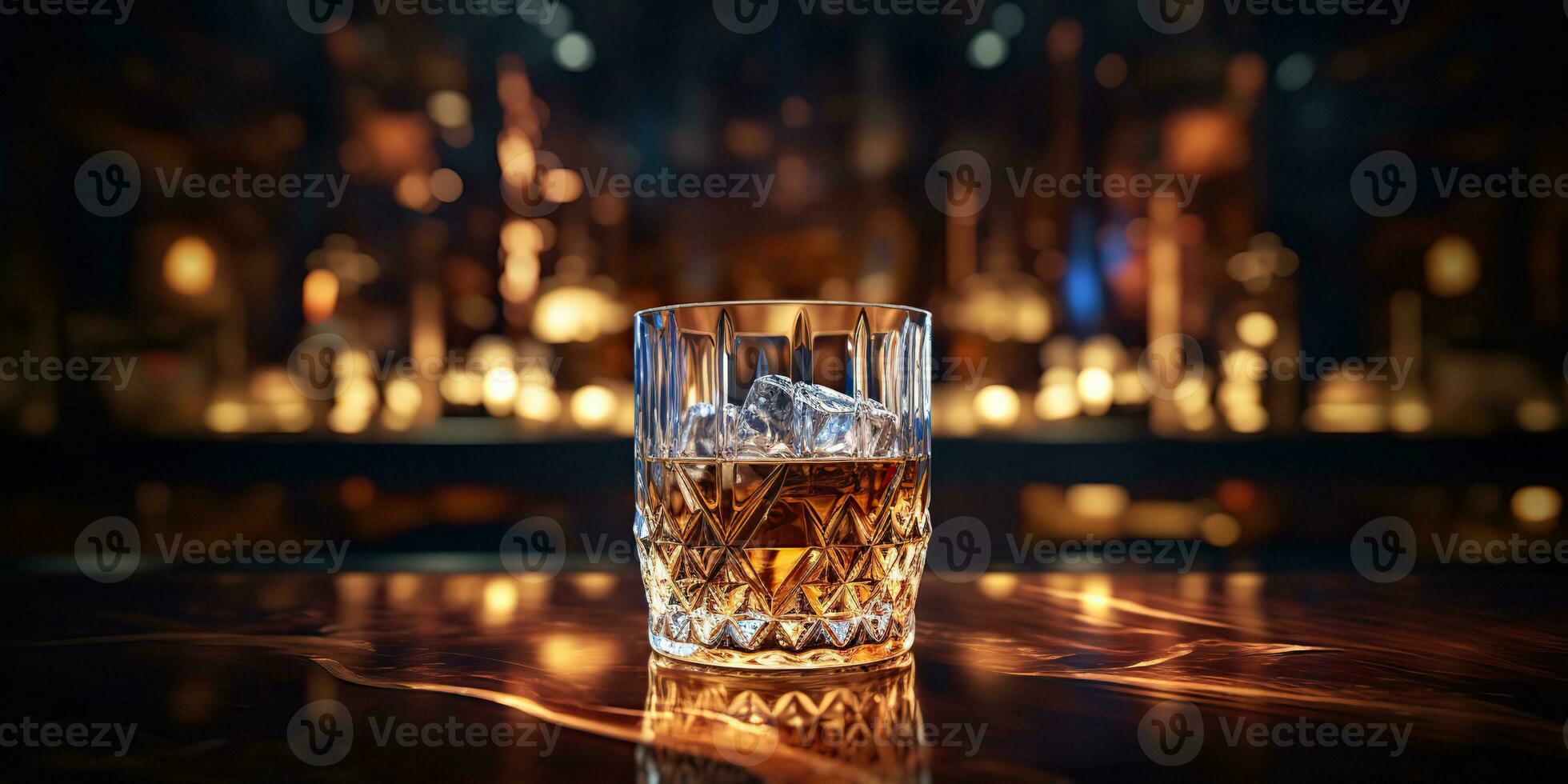 ai generado. ai generativo. clásico alcohol whisky escocés bebida en vaso con hielo cubitos a bar pub. cerca club antecedentes decoración burlarse de arriba. gráfico Arte foto