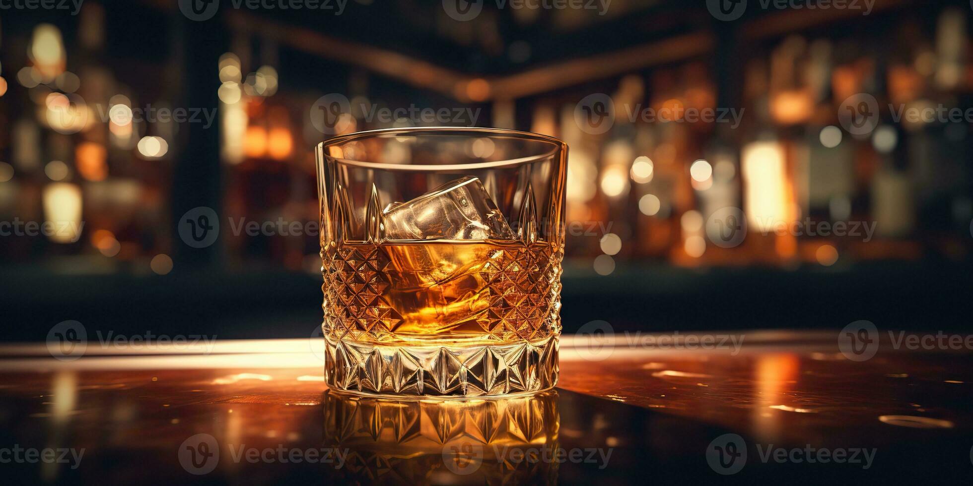 ai generado. ai generativo. clásico alcohol whisky escocés bebida en vaso con hielo cubitos a bar pub. cerca club antecedentes decoración burlarse de arriba. gráfico Arte foto