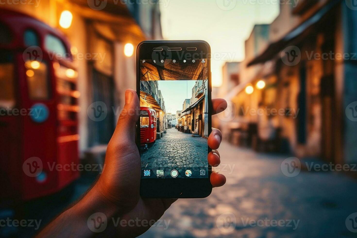 Travel blogger makes photo on smartphone to share on social media platforms. Generative AI