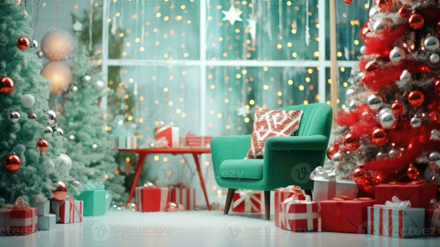 Winter or christmas cozy interior. Decorations, christmas tree, gifts and accessories. Red and green color. AI generated photo