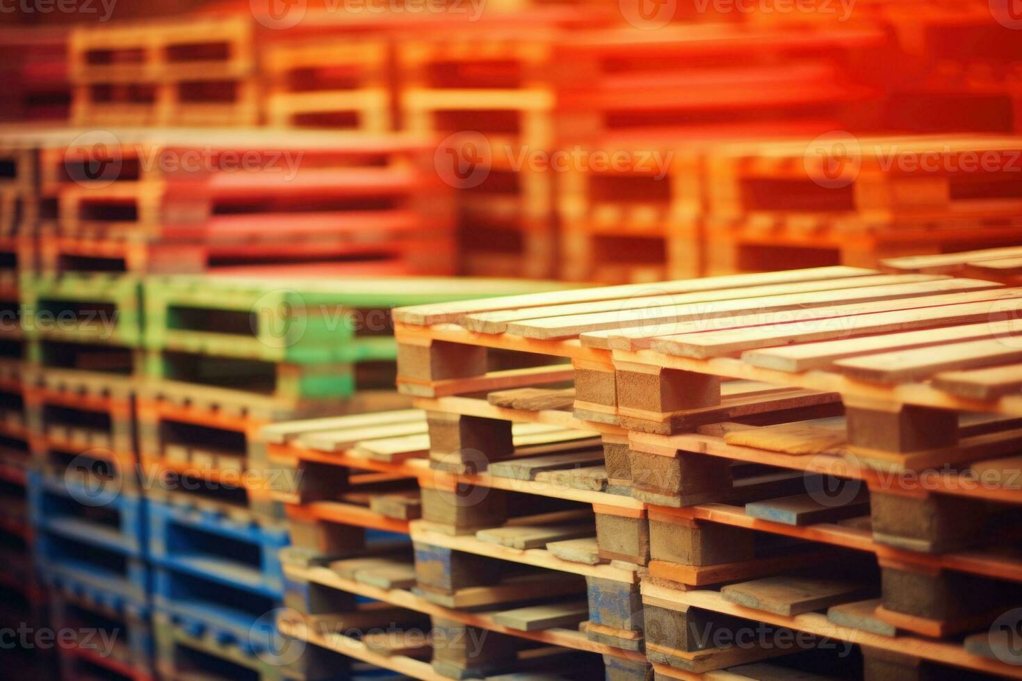 Wooden pallets stacked in a warehouse on blurred background. Generative AI photo