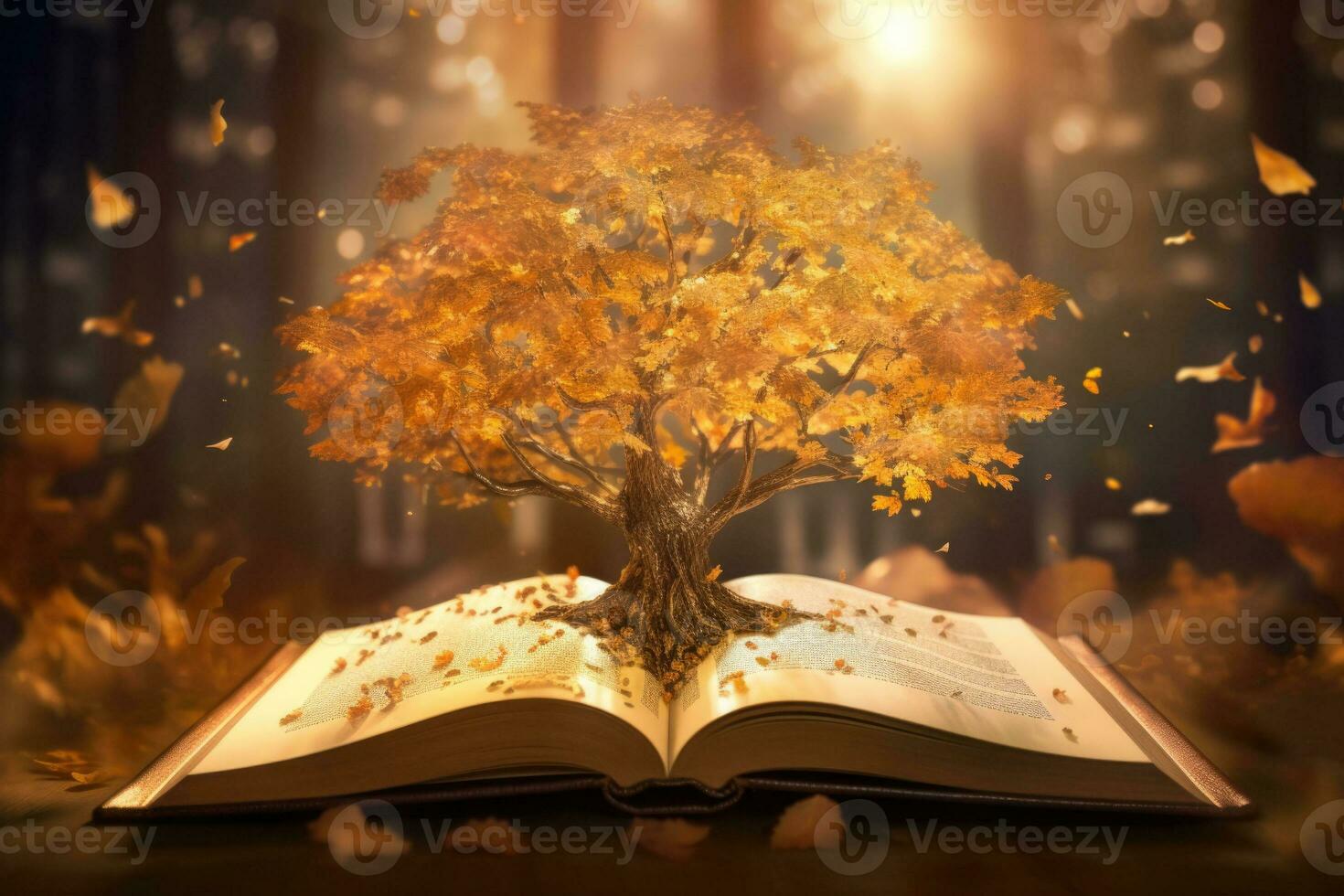 misterio libro con brillante paginas desde cuales emerge un mágico árbol con magia destellos generativo ai foto