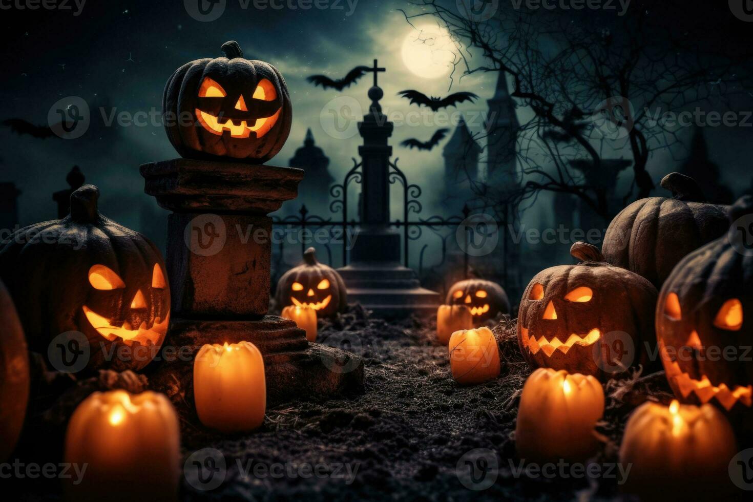 Pumpkins in graveyard in the spooky night. Halloween Jack O Lantern with an evil face. AI generated photo