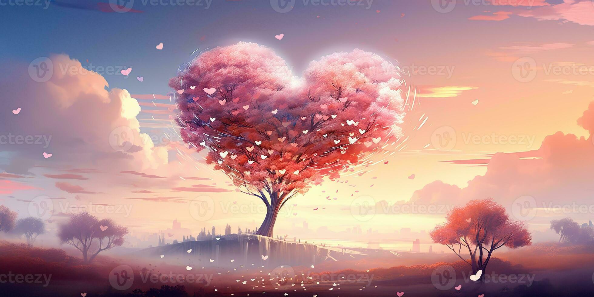 AI Generated. AI Generative. Lovely romantic love couple together with heart shape background landscape vacation. Wedding relationship vibe. Graphic Art photo