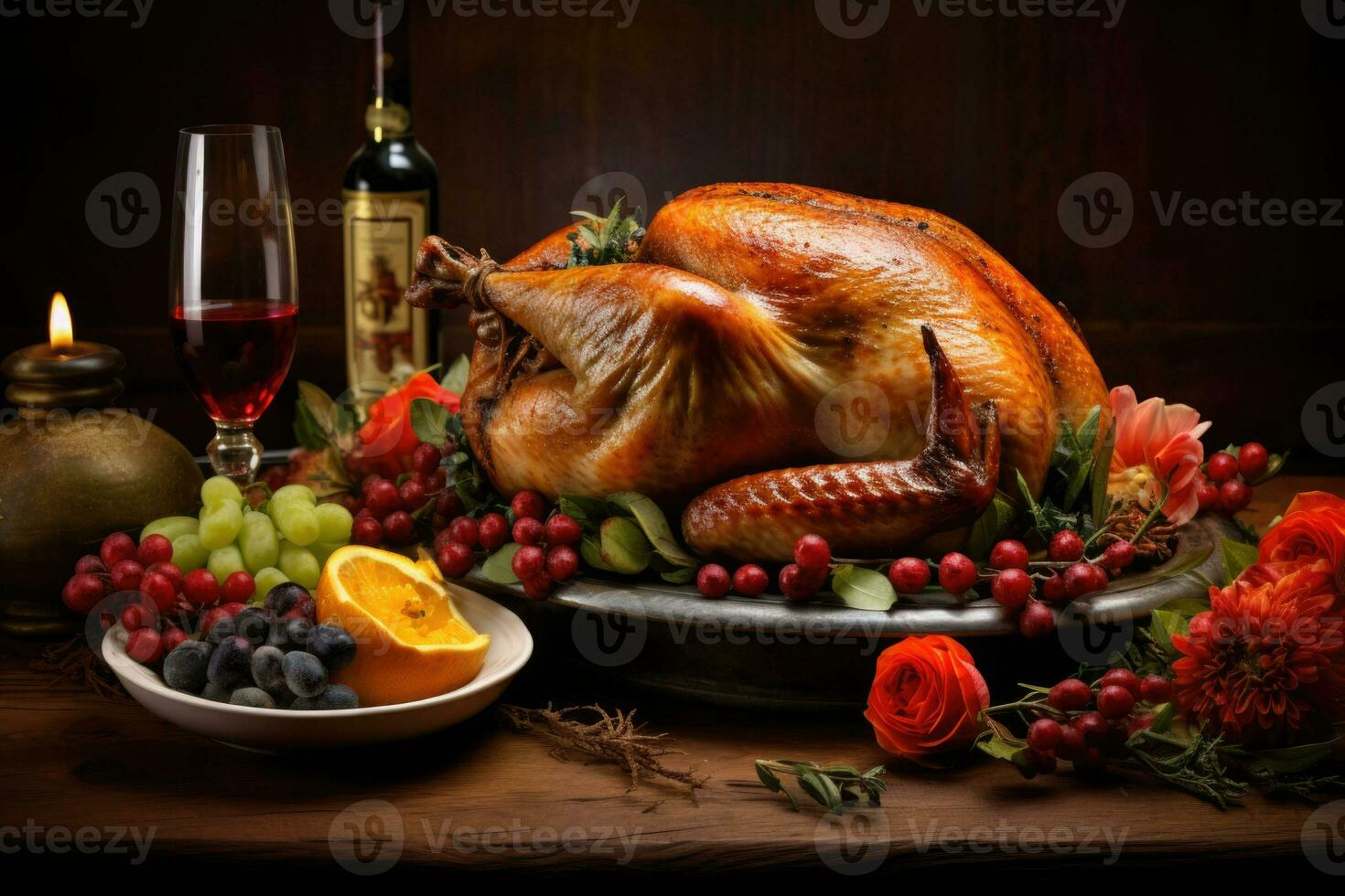 Thanksgiving dinner. Roasted turkey garnished with cranberries on a rustic style table decorated with pumpkins and vegetables. AI generated photo