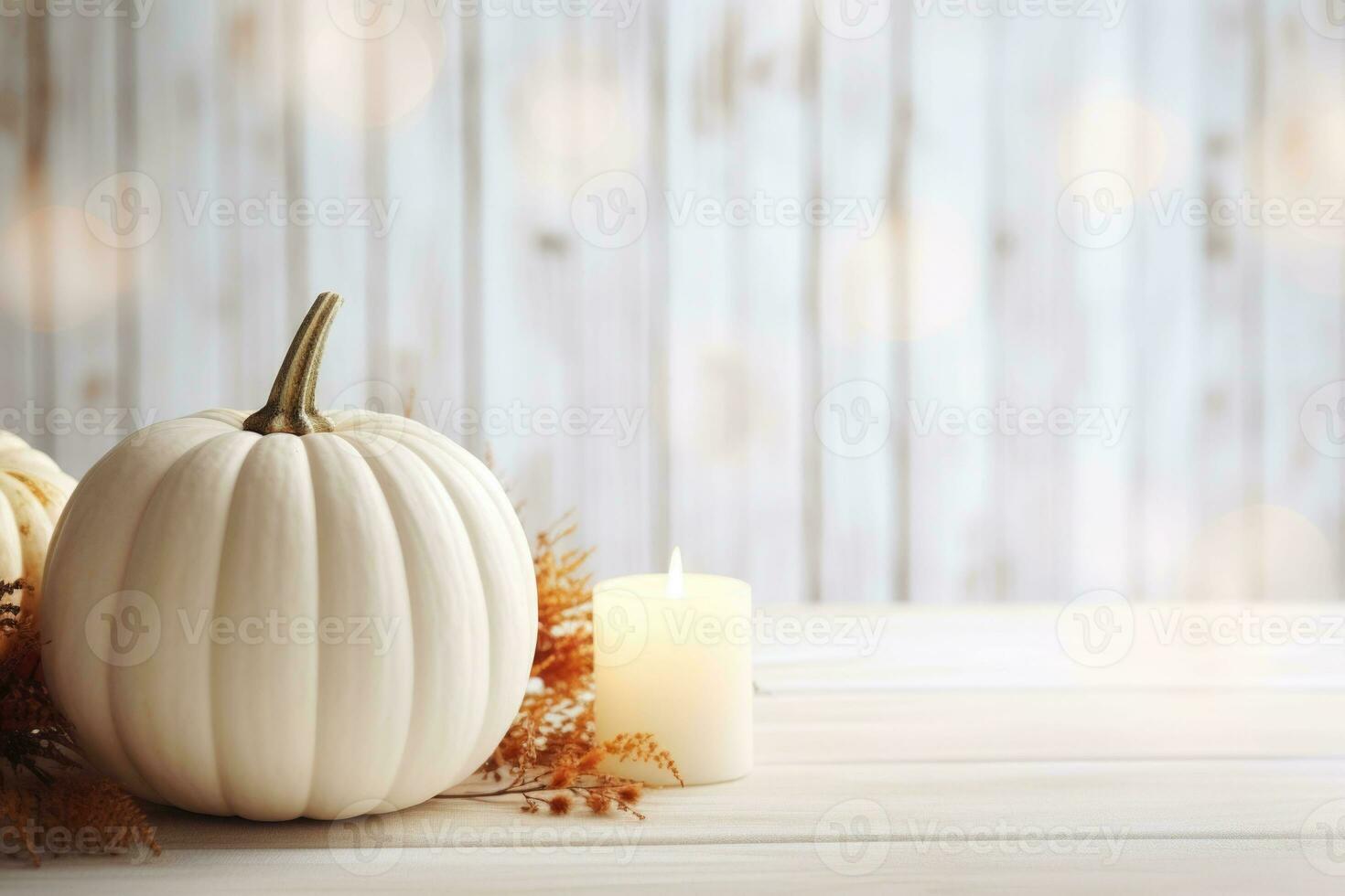 Thanksgiving white pumpkin and candle decorations on a white painted wood table. Halloween, Thanksgiving party concept. Festive fall design. AI generated photo