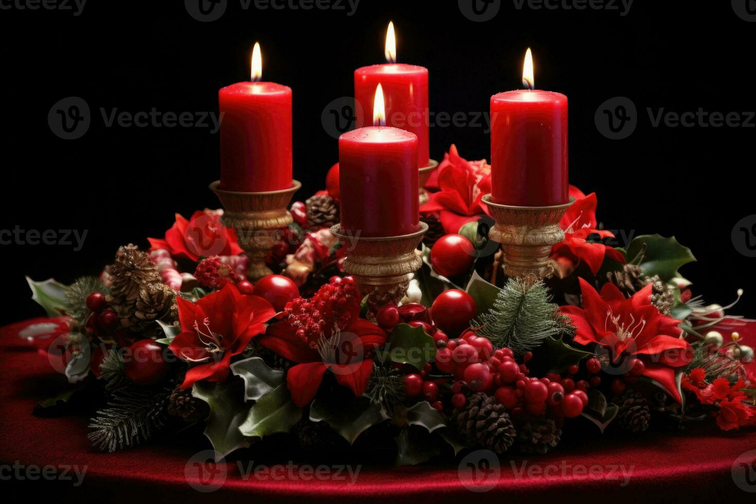 adviento velas y abeto ramas con Navidad decoración en un oscuro antecedentes. ai generado foto