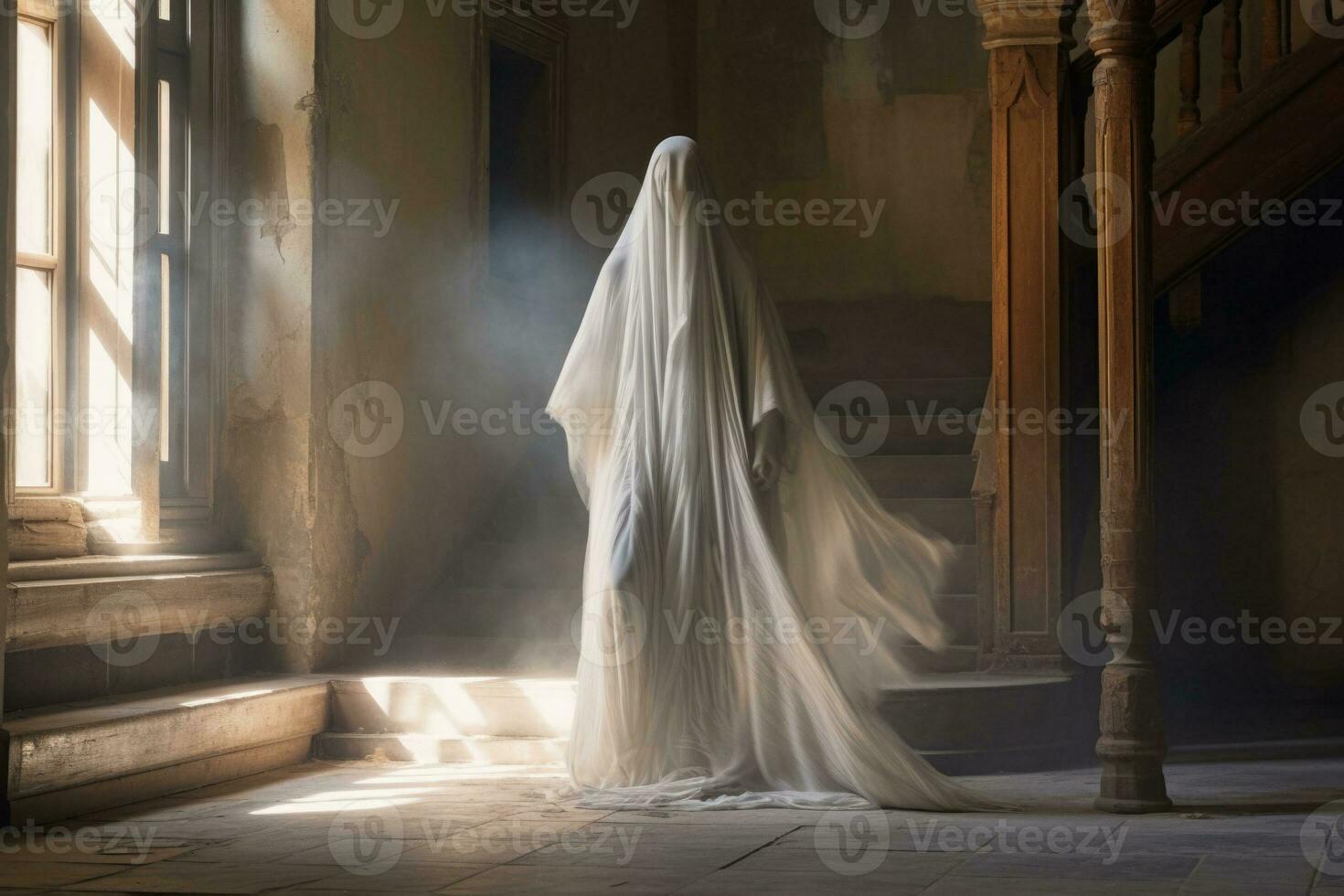 Realistic ghost in old castle. AI generated photo