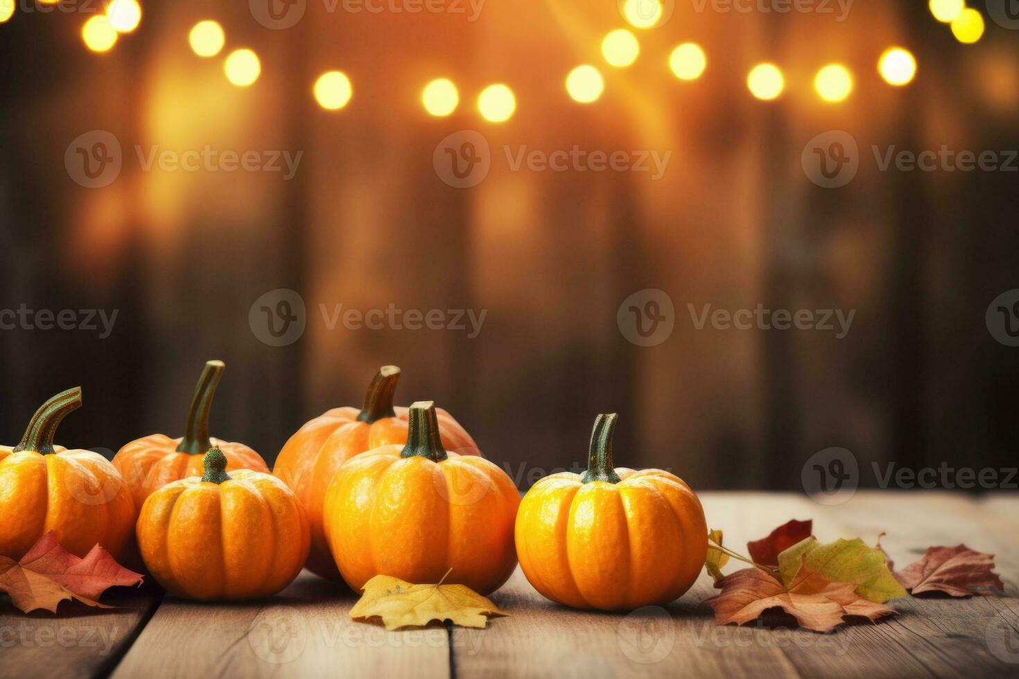 Mini thanksgiving pumpkins and leaves on rustic wooden table with lights and bokeh on wood background. AI generated photo