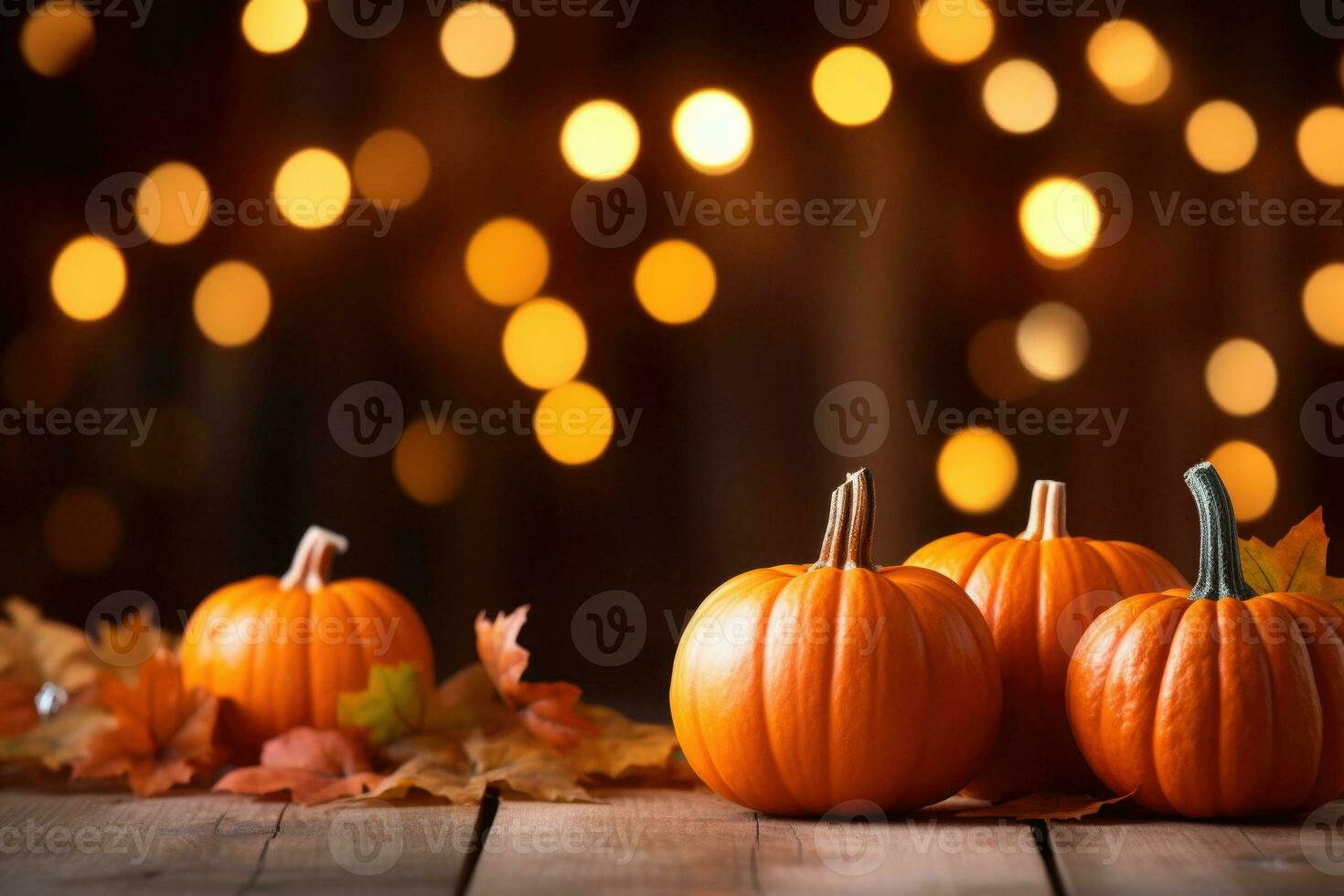 Mini thanksgiving pumpkins and leaves on rustic wooden table with lights and bokeh on wood background. AI generated photo