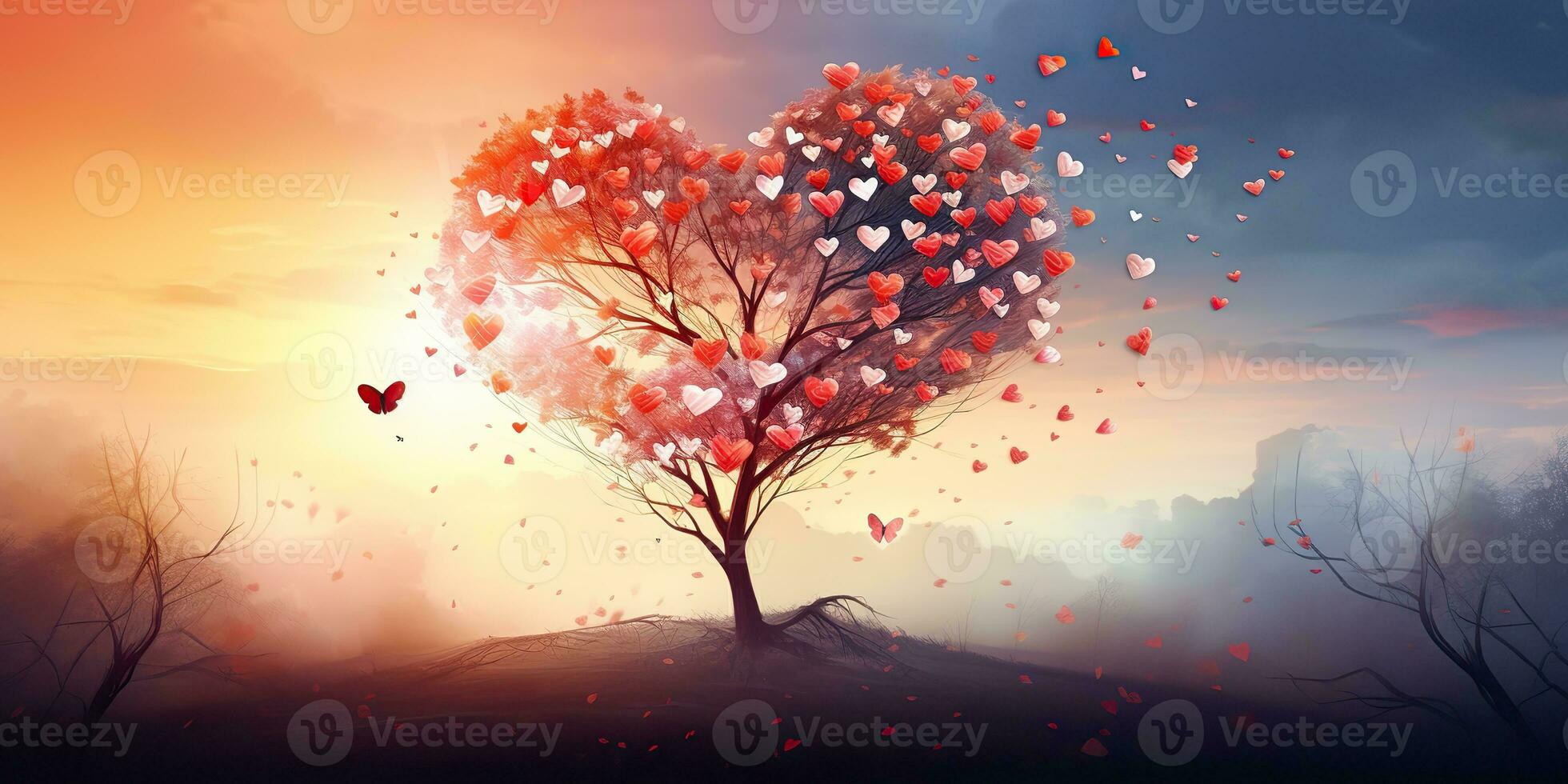 AI Generated. AI Generative. Lovely romantic love couple together with heart shape background landscape vacation. Wedding relationship vibe. Graphic Art photo