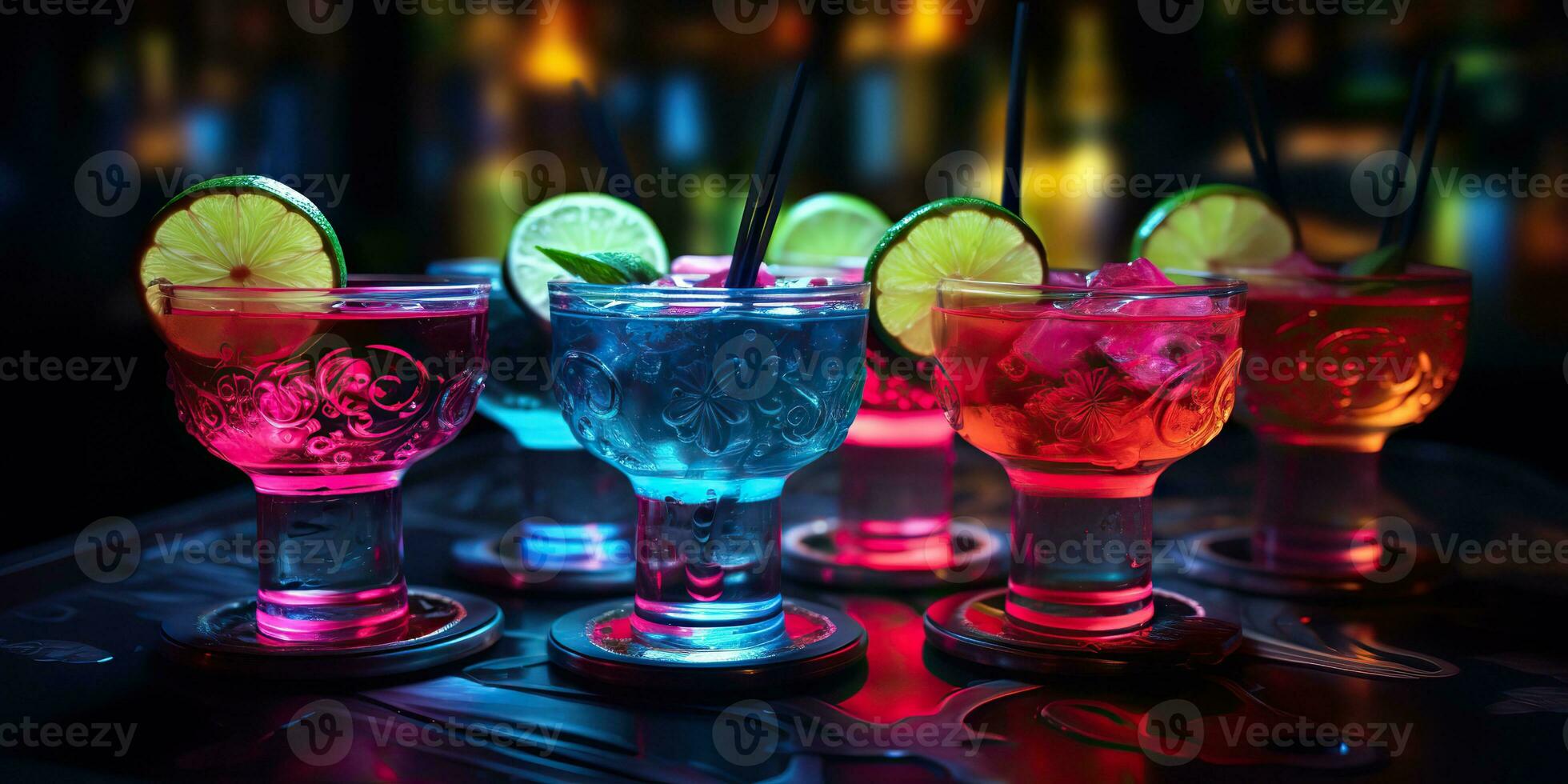 AI Generated. AI Generative. Neon glowing cocktail glass mug bar pub in synthwave cybepunk retrowave style. Night life party alcohol drink vibe. Graphic Art photo