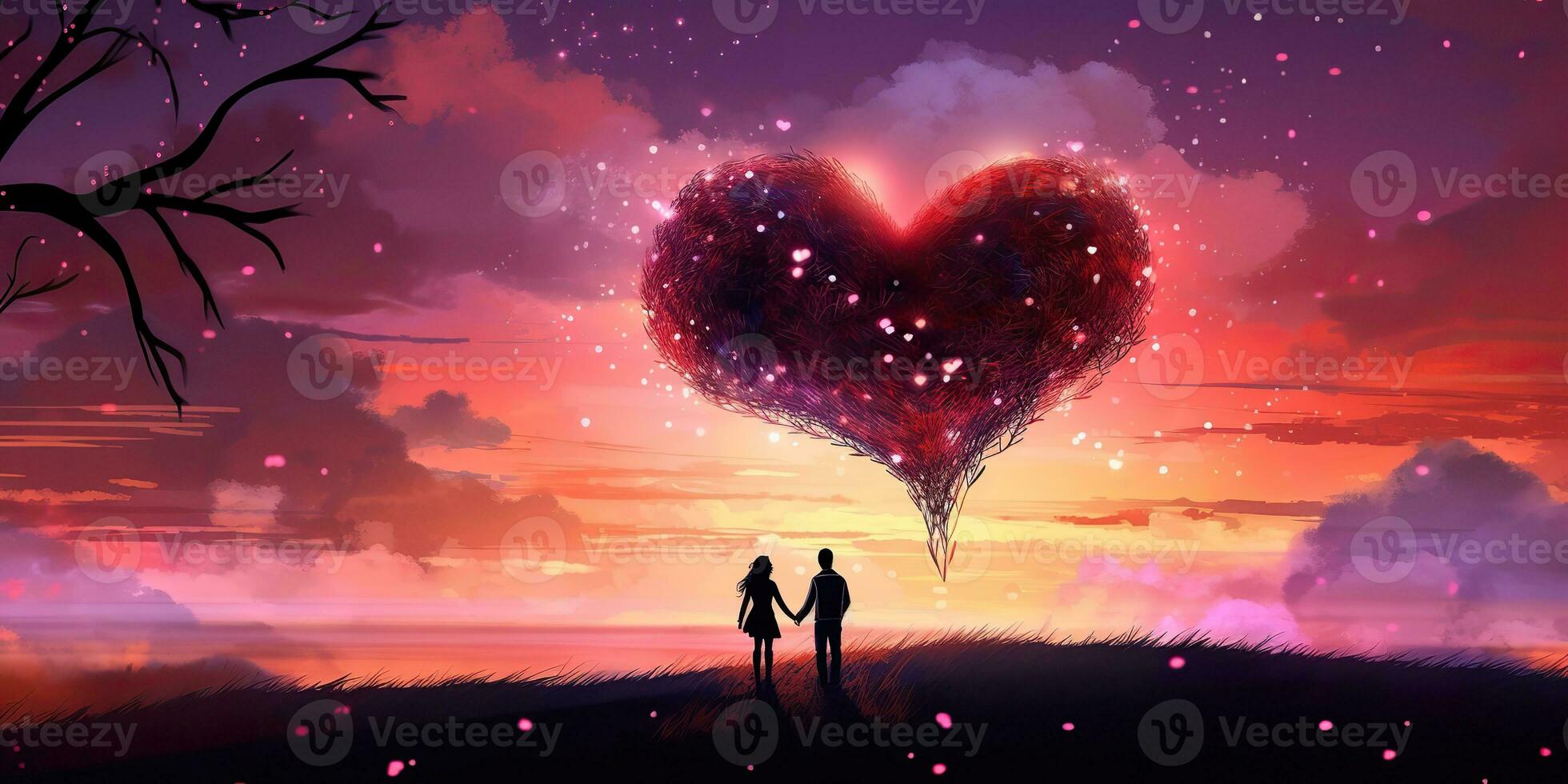 AI Generated. AI Generative. Lovely romantic love couple together with heart shape background landscape vacation. Wedding relationship vibe. Graphic Art photo