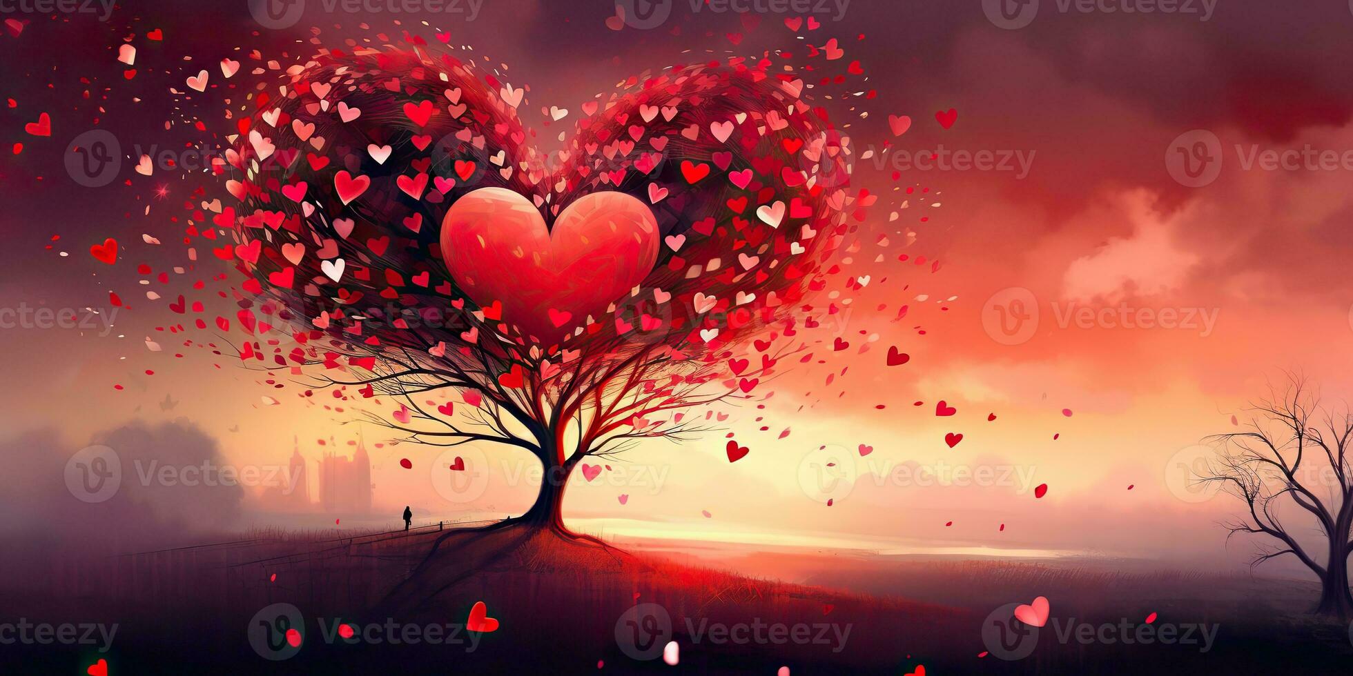 AI Generated. AI Generative. Lovely romantic love couple together with heart shape background landscape vacation. Wedding relationship vibe. Graphic Art photo