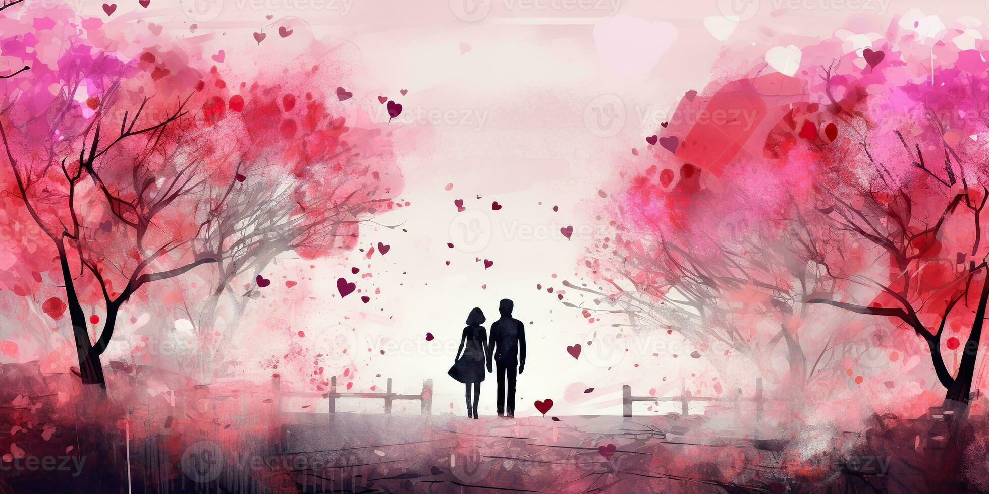 AI Generated. AI Generative. Lovely romantic love couple together with heart shape background landscape vacation. Wedding relationship vibe. Graphic Art photo