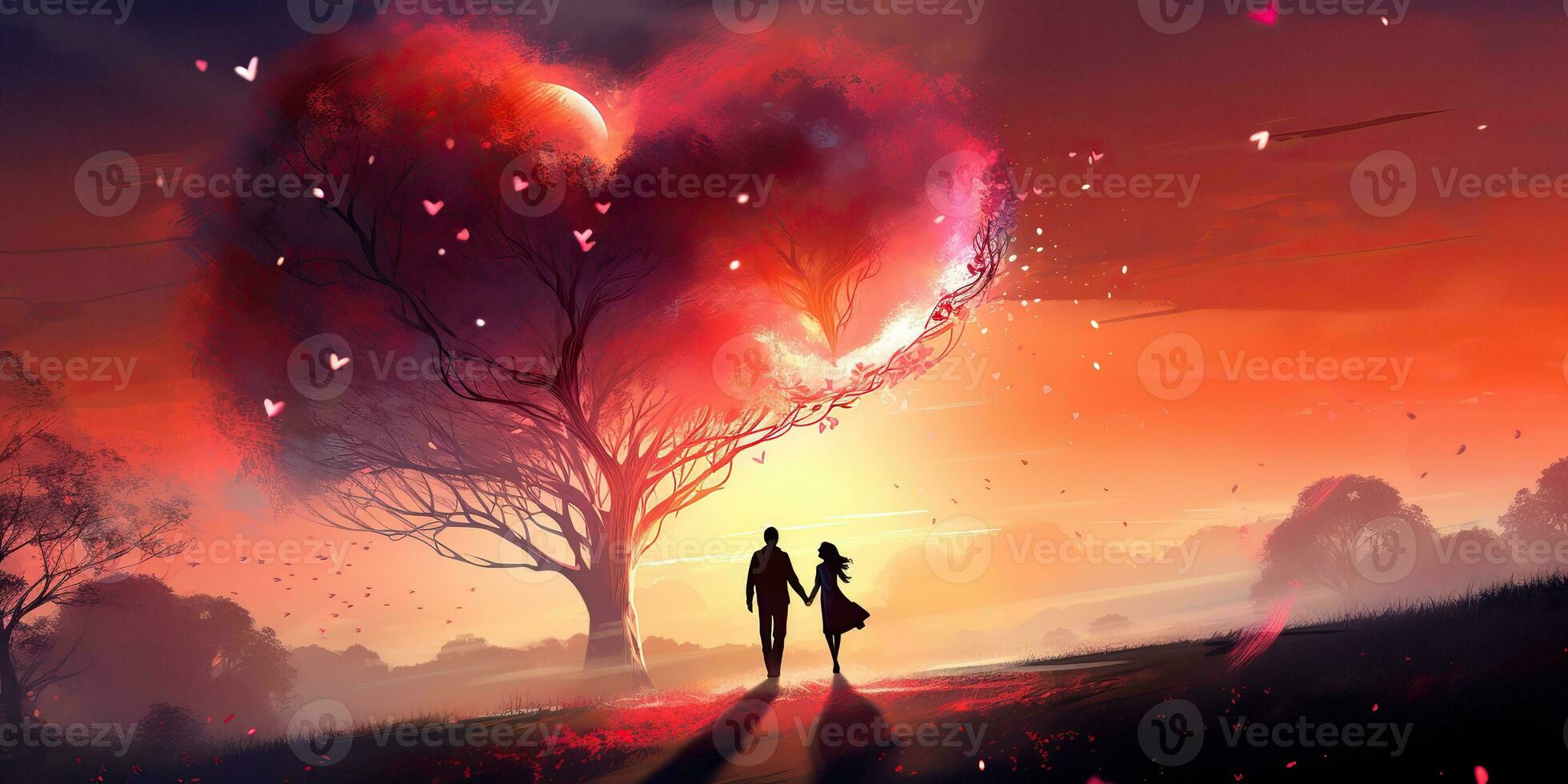 AI Generated. AI Generative. Lovely romantic love couple together with heart shape background landscape vacation. Wedding relationship vibe. Graphic Art photo