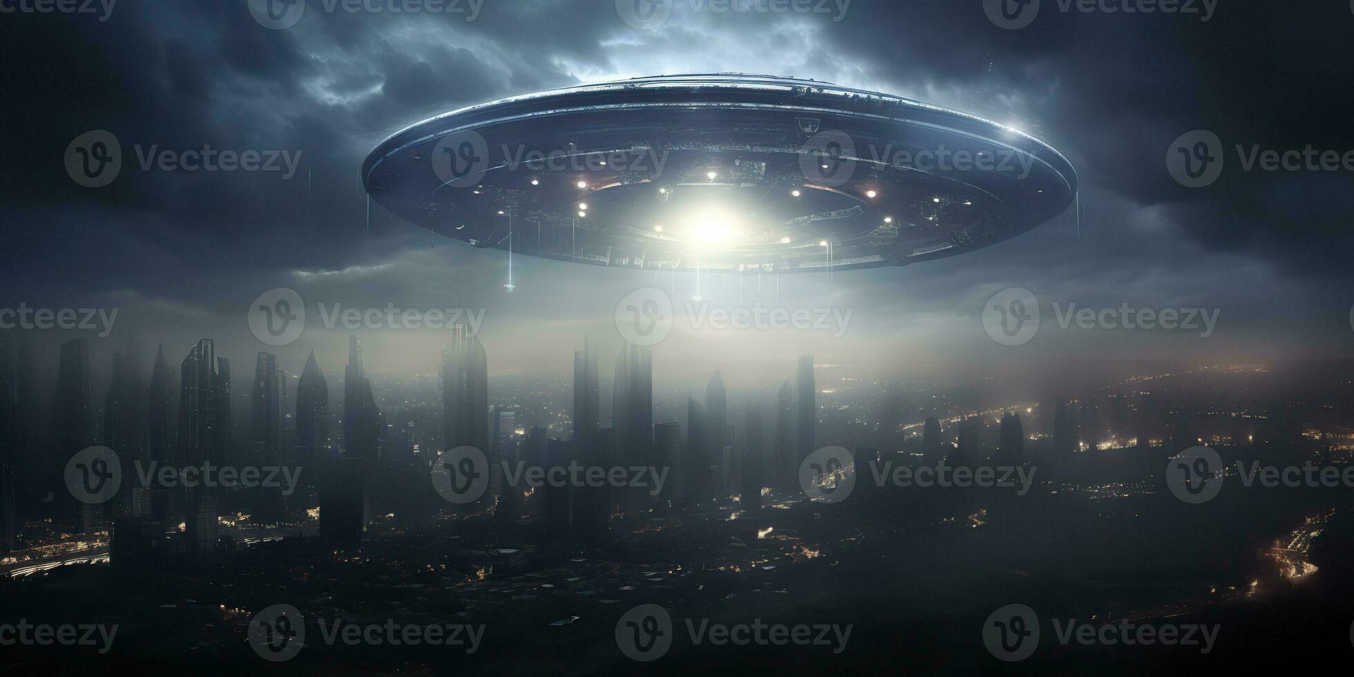 AI Generated. AI Generative. Alien spaceship mothership ufo galaxy invasion. Dark night ligh city town landscape. Future fantasy reality. Graphic Art photo