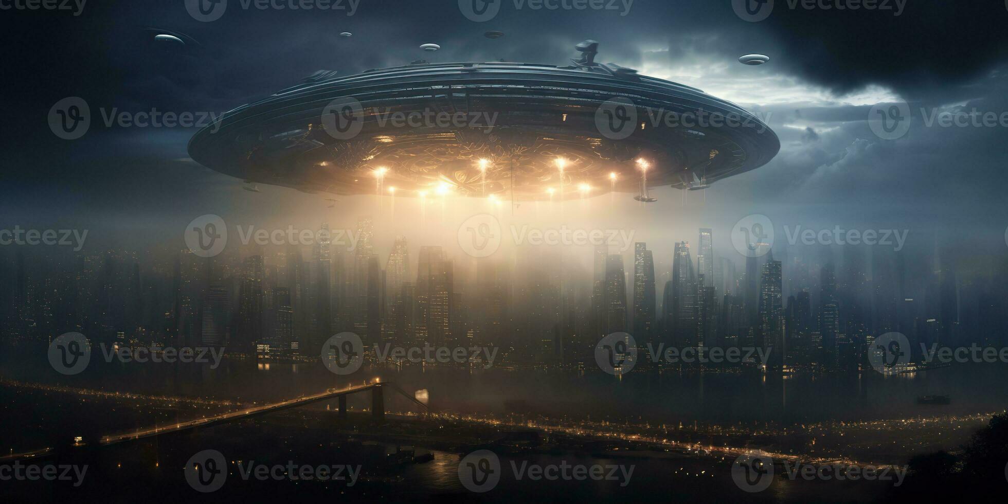 AI Generated. AI Generative. Alien spaceship mothership ufo galaxy invasion. Dark night ligh city town landscape. Future fantasy reality. Graphic Art photo