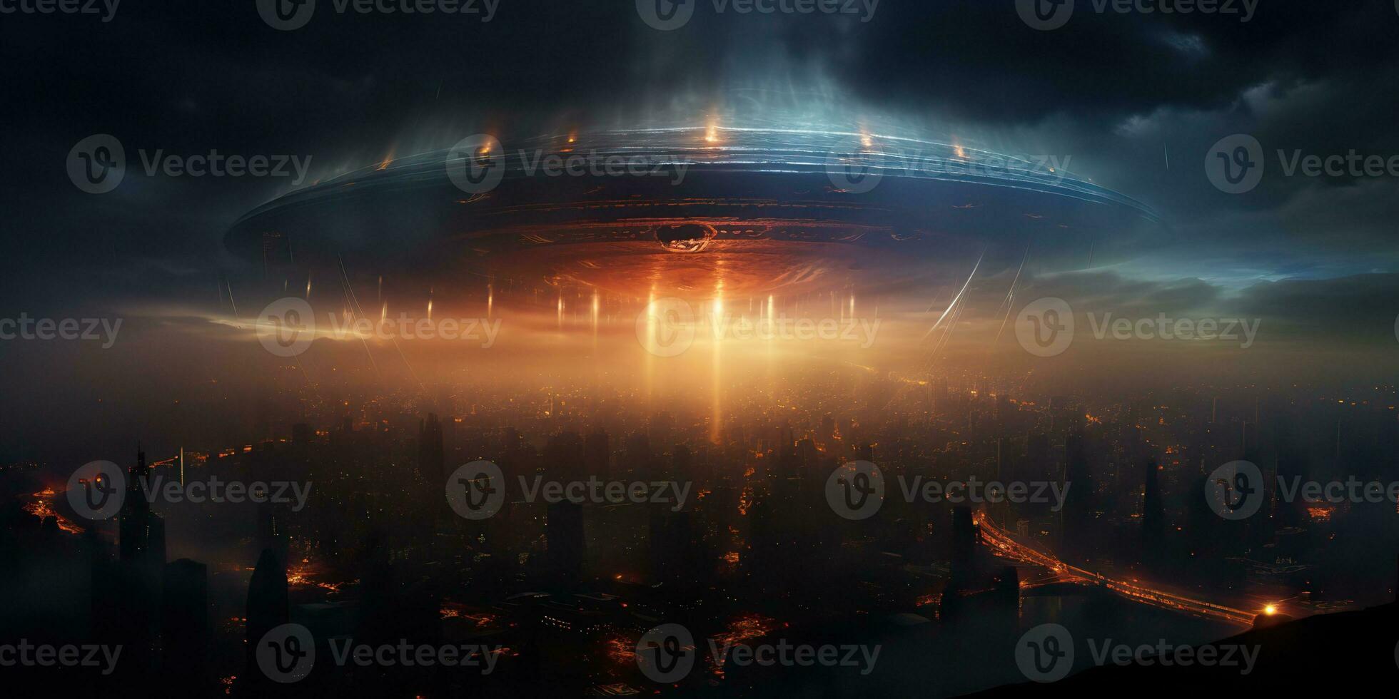 AI Generated. AI Generative. Alien spaceship mothership ufo galaxy invasion. Dark night ligh city town landscape. Future fantasy reality. Graphic Art photo