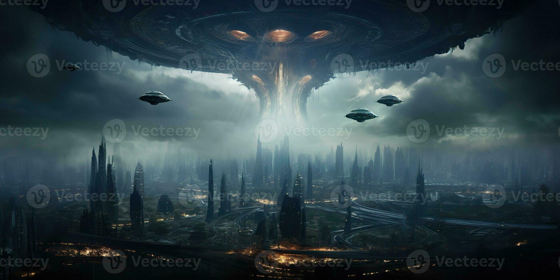 AI Generated. AI Generative. Alien spaceship mothership ufo galaxy invasion. Dark night ligh city town landscape. Future fantasy reality. Graphic Art photo