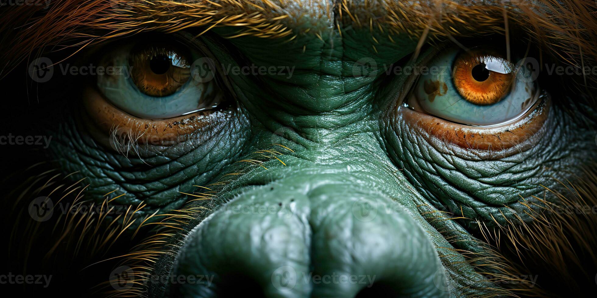 AI Generated. AI Generative. Orangutan monkey face portrain eyes watching on you. Mammal animal background view. Graphic Art photo