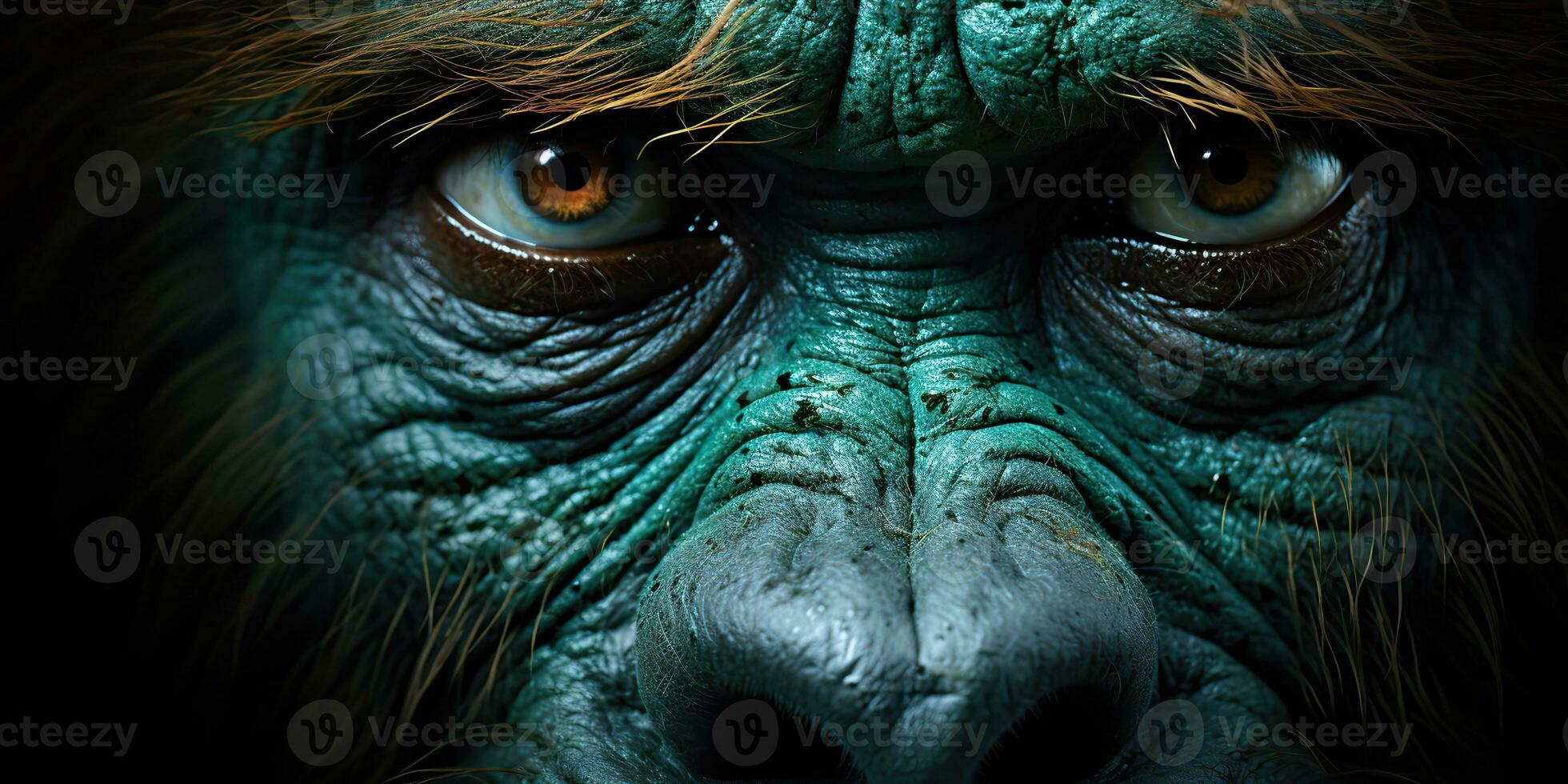 ai generado. ai generativo. orangután mono cara retratar ojos acecho en tú. mamífero animal antecedentes vista. gráfico Arte foto