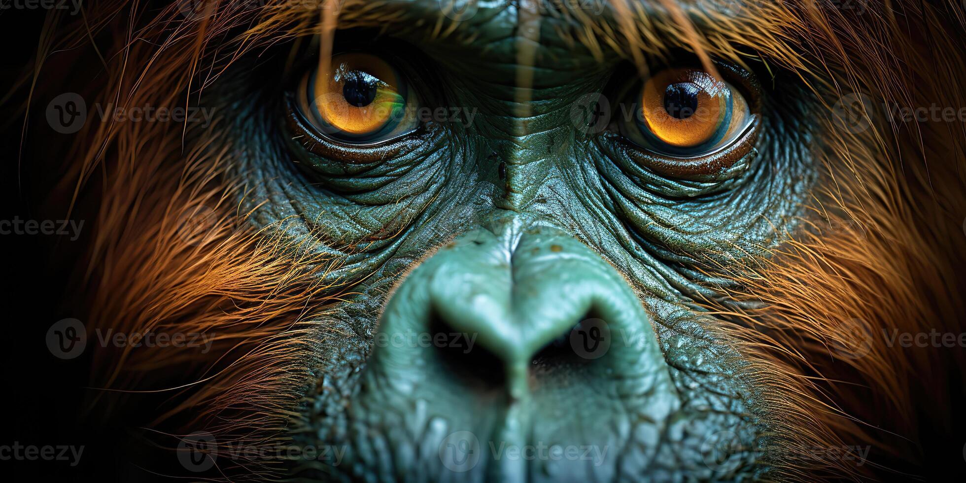 AI Generated. AI Generative. Orangutan monkey face portrain eyes watching on you. Mammal animal background view. Graphic Art photo