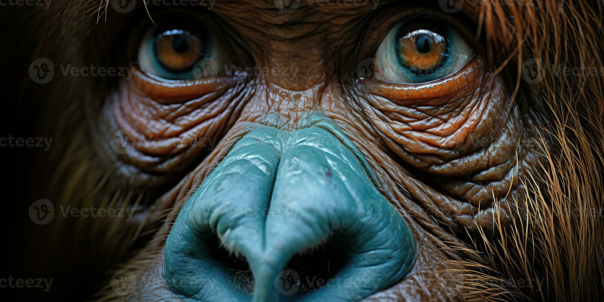 AI Generated. AI Generative. Orangutan monkey face portrain eyes watching on you. Mammal animal background view. Graphic Art photo