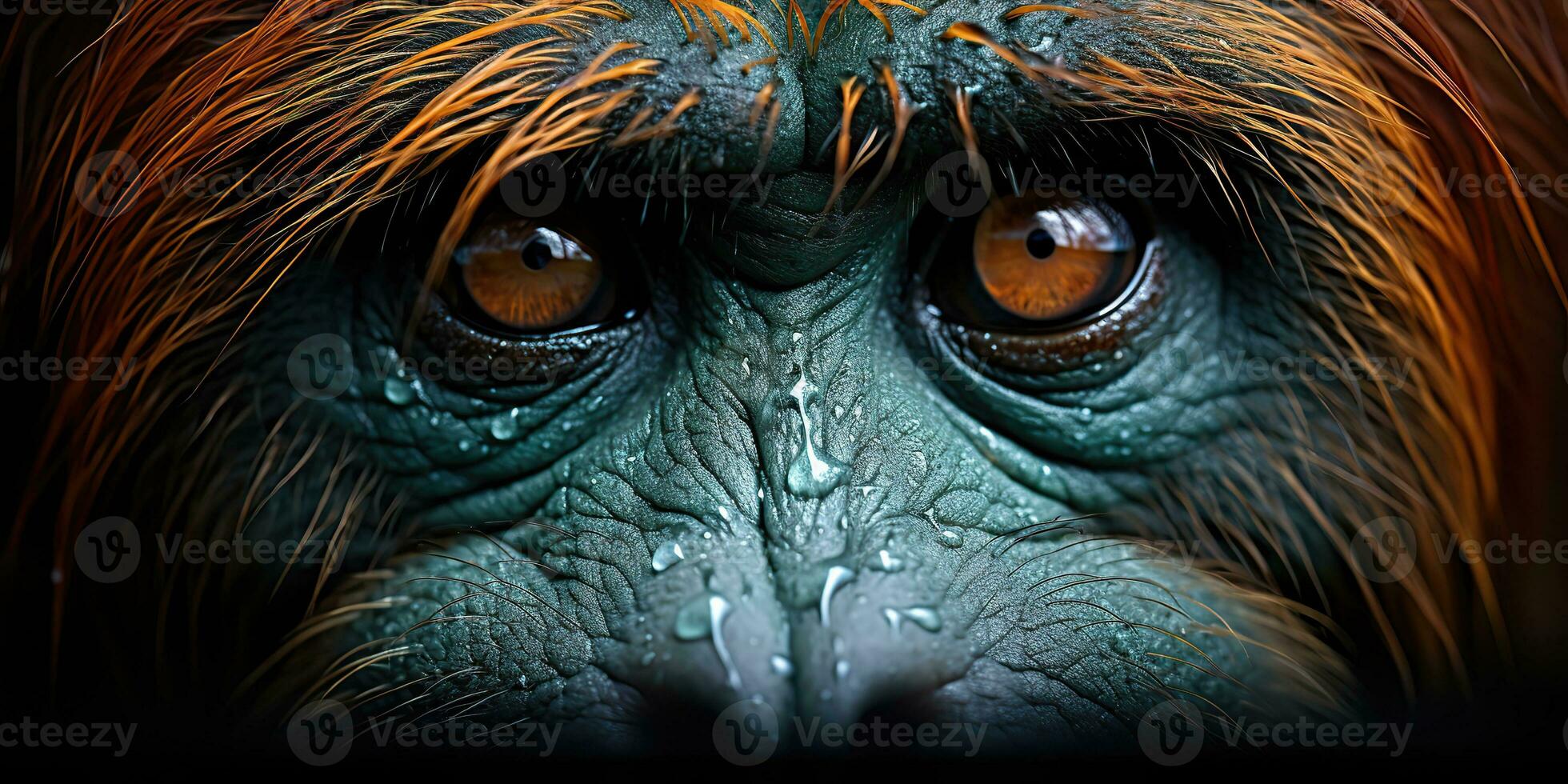 AI Generated. AI Generative. Orangutan monkey face portrain eyes watching on you. Mammal animal background view. Graphic Art photo