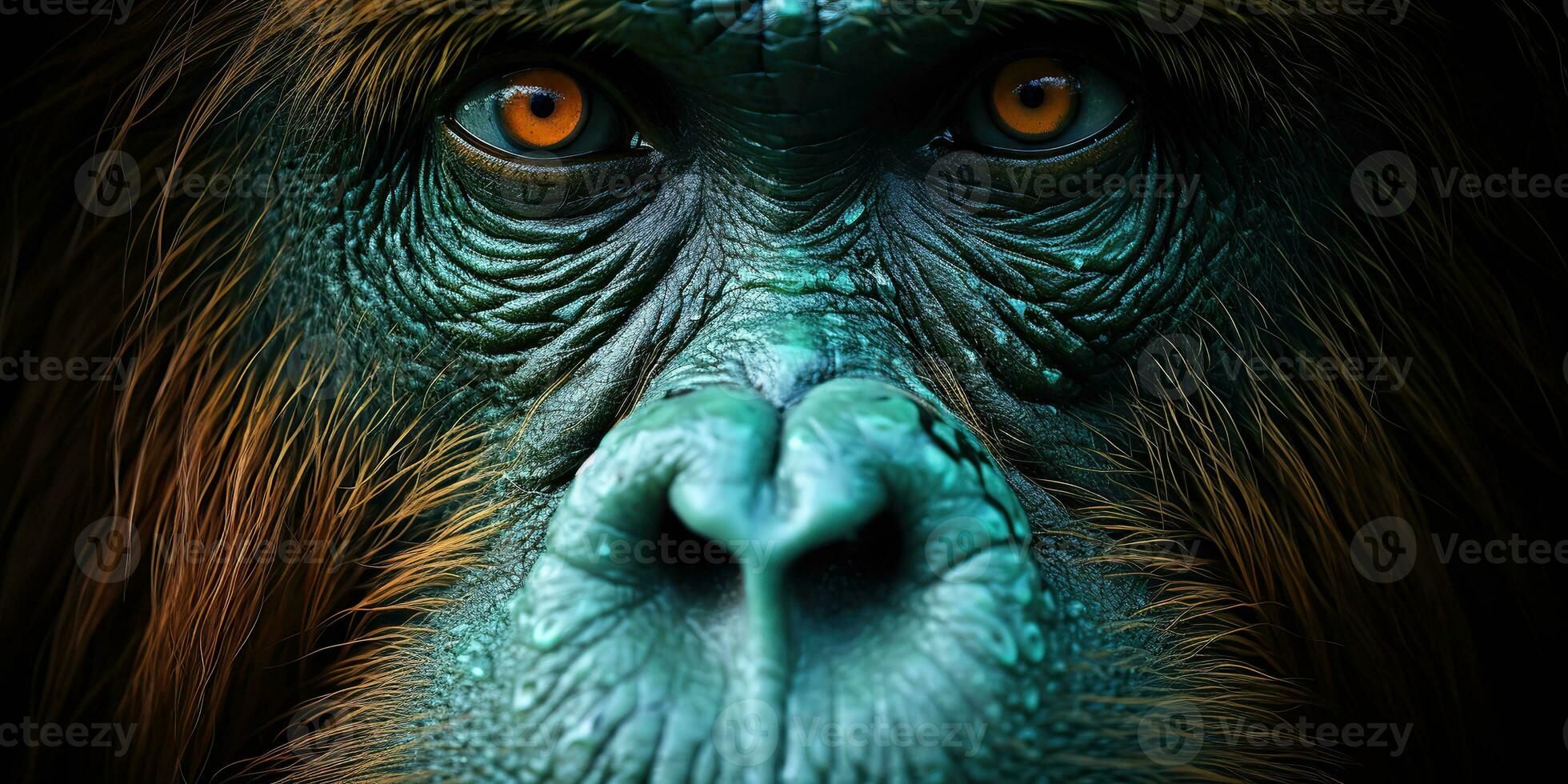 AI Generated. AI Generative. Orangutan monkey face portrain eyes watching on you. Mammal animal background view. Graphic Art photo