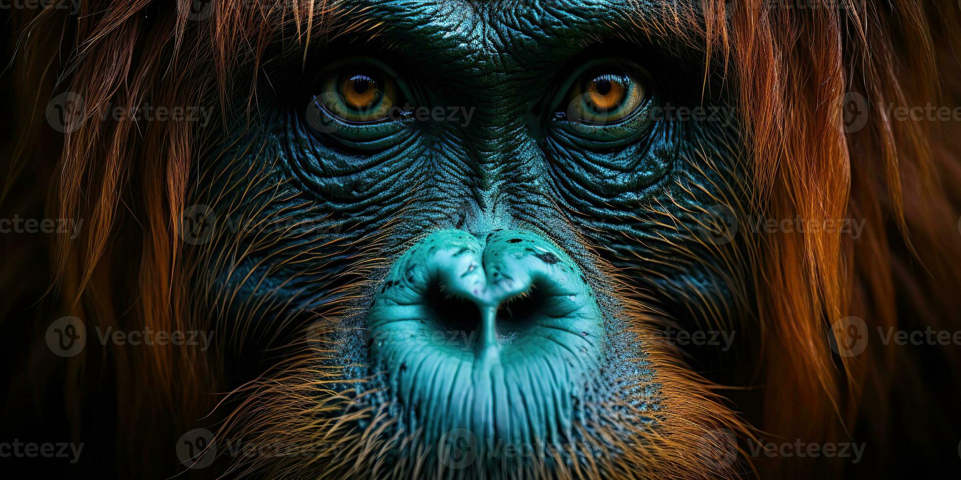 ai generado. ai generativo. orangután mono cara retratar ojos acecho en tú. mamífero animal antecedentes vista. gráfico Arte foto