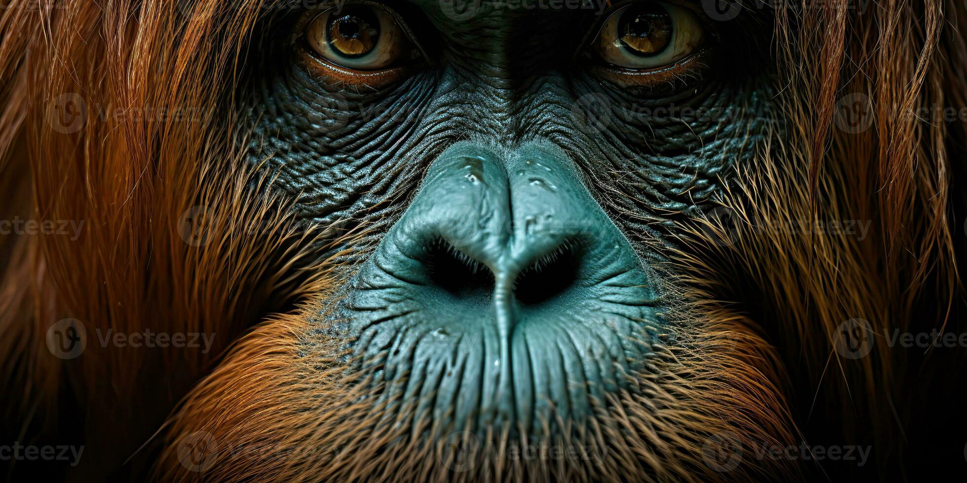 ai generado. ai generativo. orangután mono cara retratar ojos acecho en tú. mamífero animal antecedentes vista. gráfico Arte foto