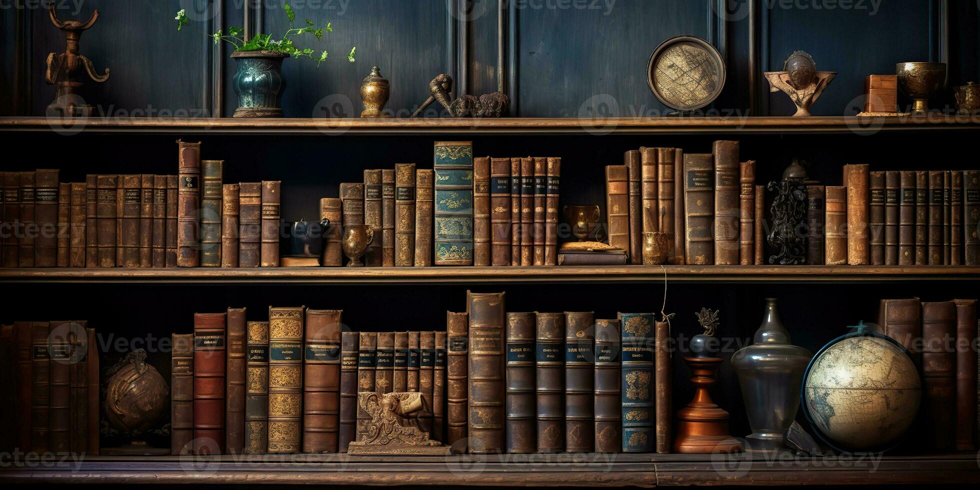 AI Generated. AI Generative. Old books vintage store library bookshelf. Education university school knowledge style. Graphic Art photo