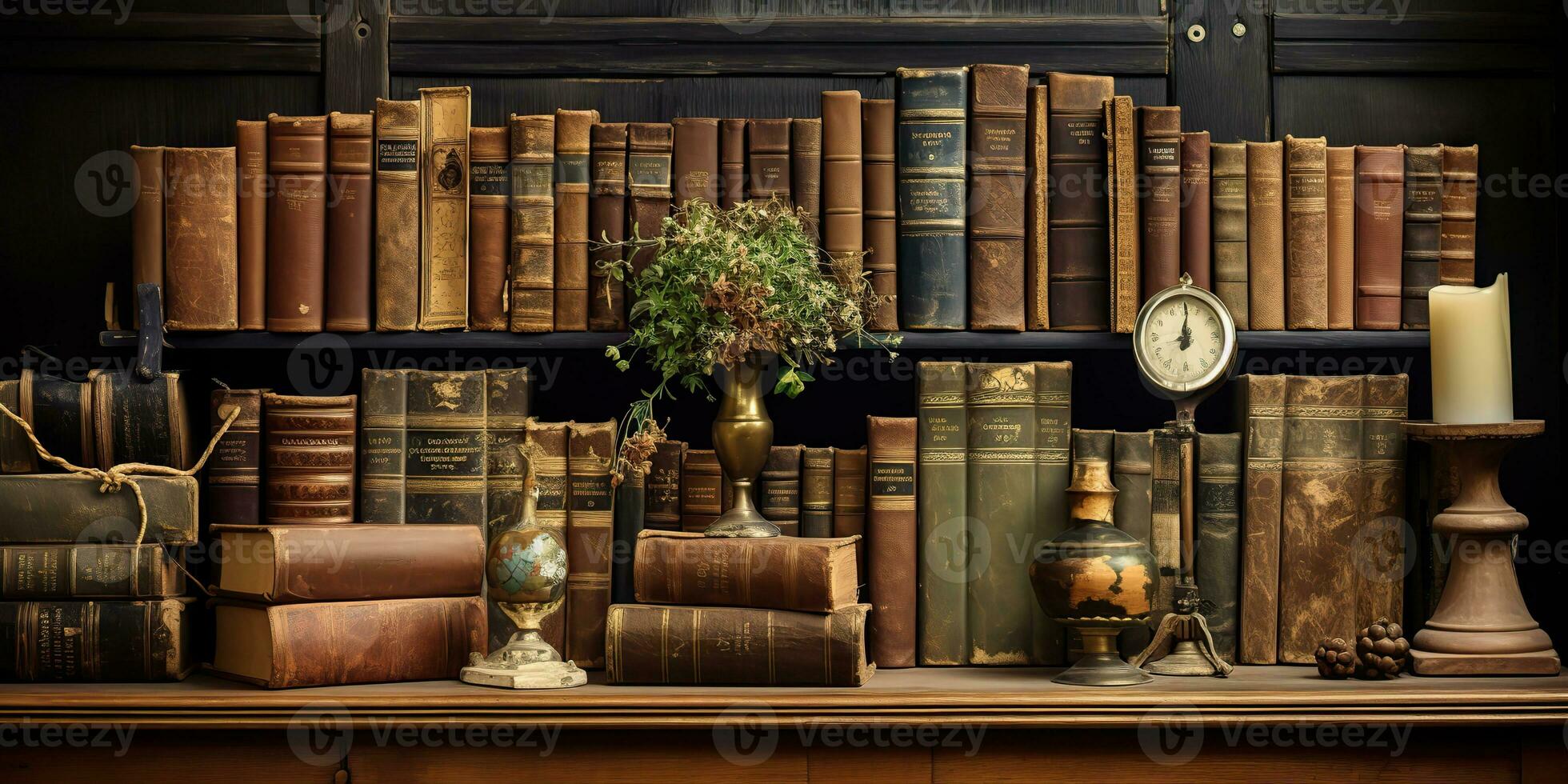 AI Generated. AI Generative. Old books vintage store library bookshelf. Education university school knowledge style. Graphic Art photo