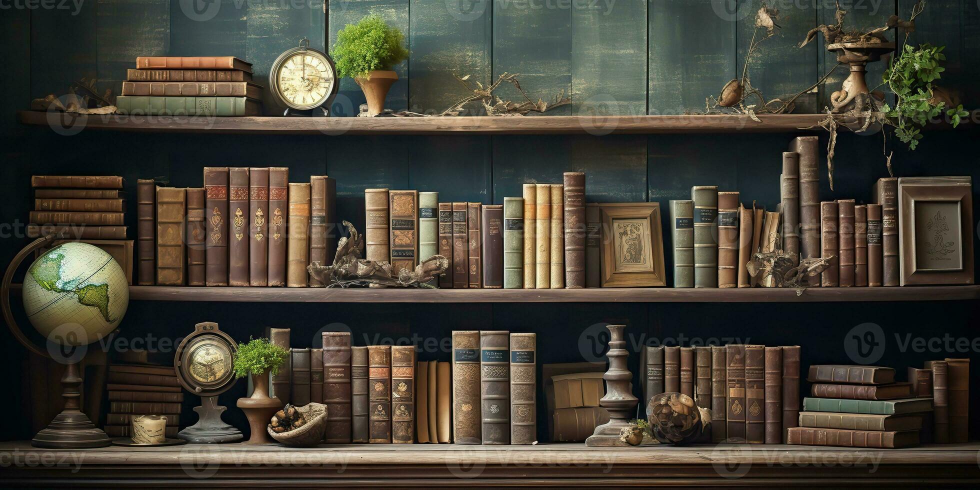 AI Generated. AI Generative. Old books vintage store library bookshelf. Education university school knowledge style. Graphic Art photo