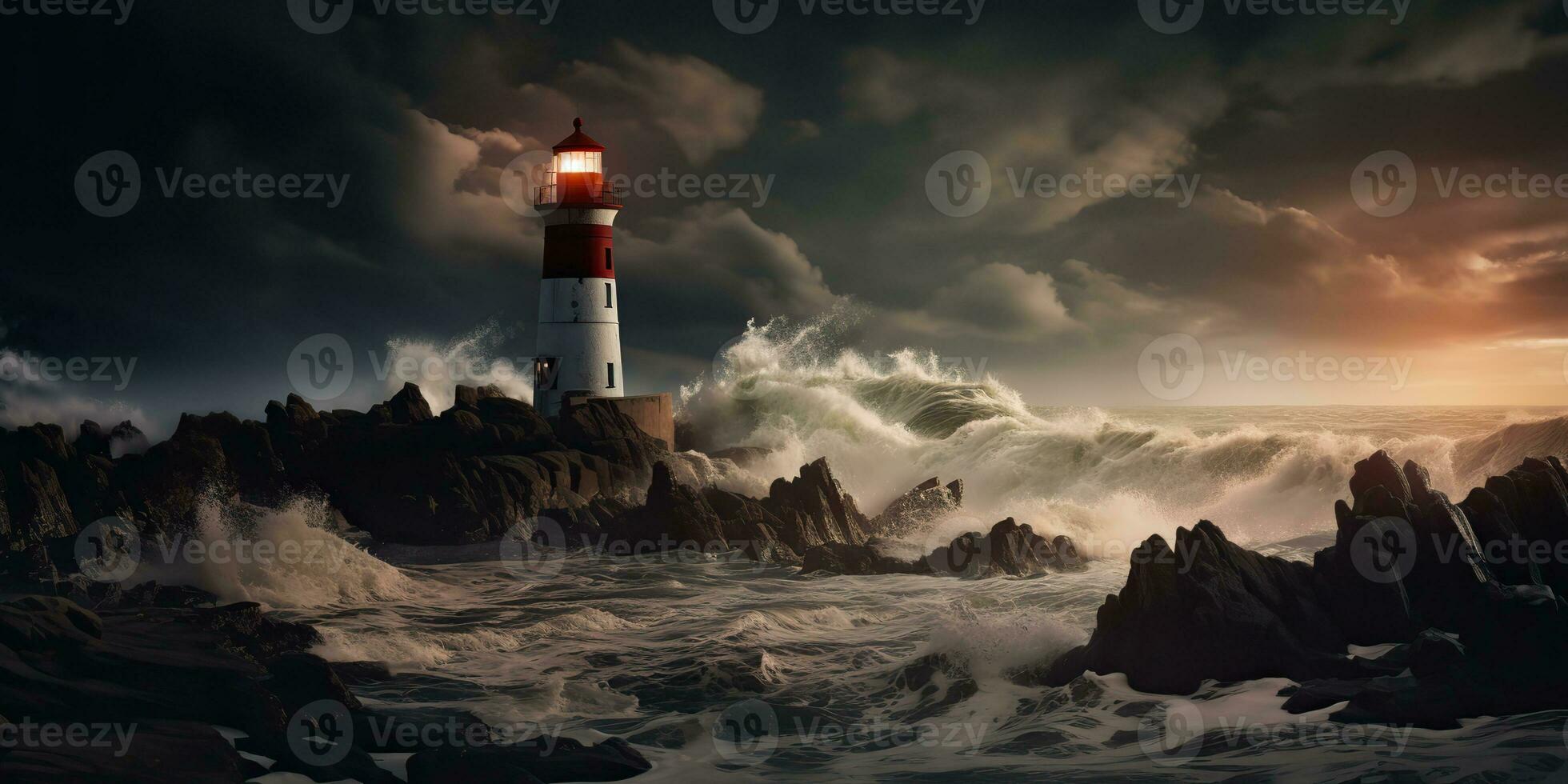 AI Generated. AI Generative. Nautical marine navy landscape with lighthouse on rock coast line with huge waves. Sea adventures explore. Graphic Art photo