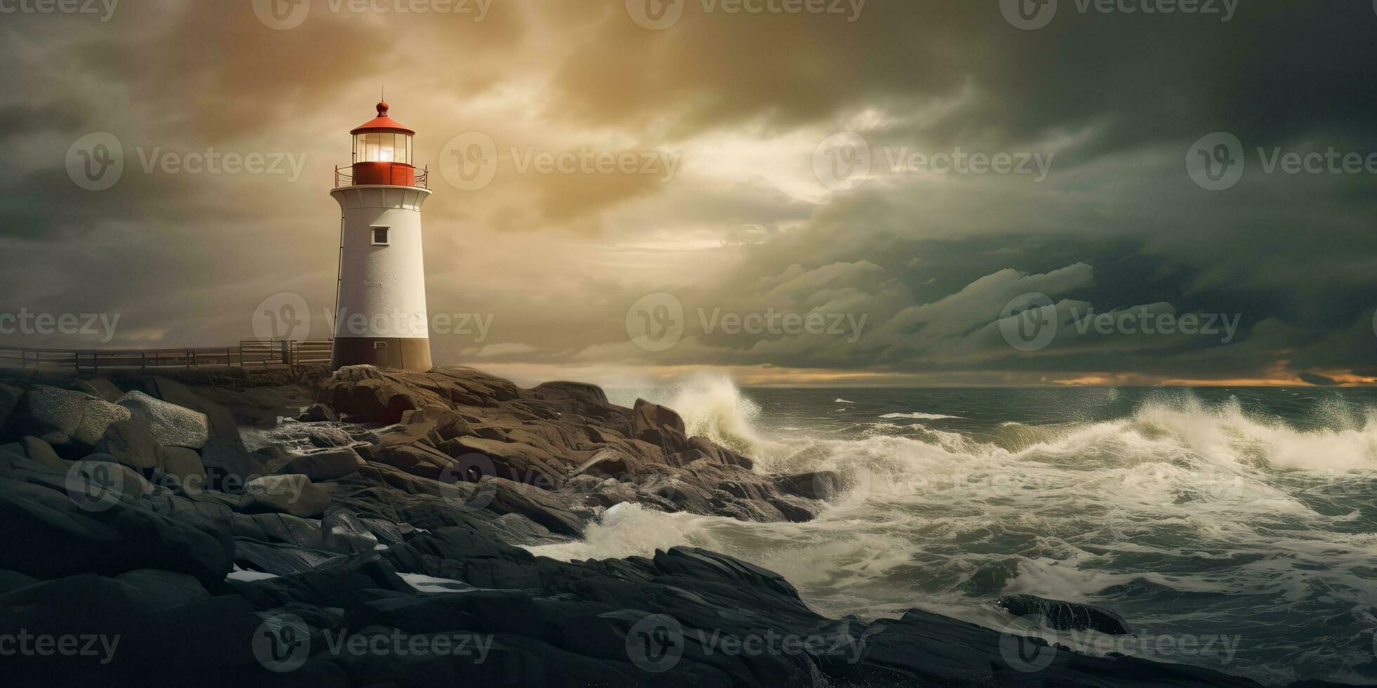 AI Generated. AI Generative. Nautical marine navy landscape with lighthouse on rock coast line with huge waves. Sea adventures explore. Graphic Art photo