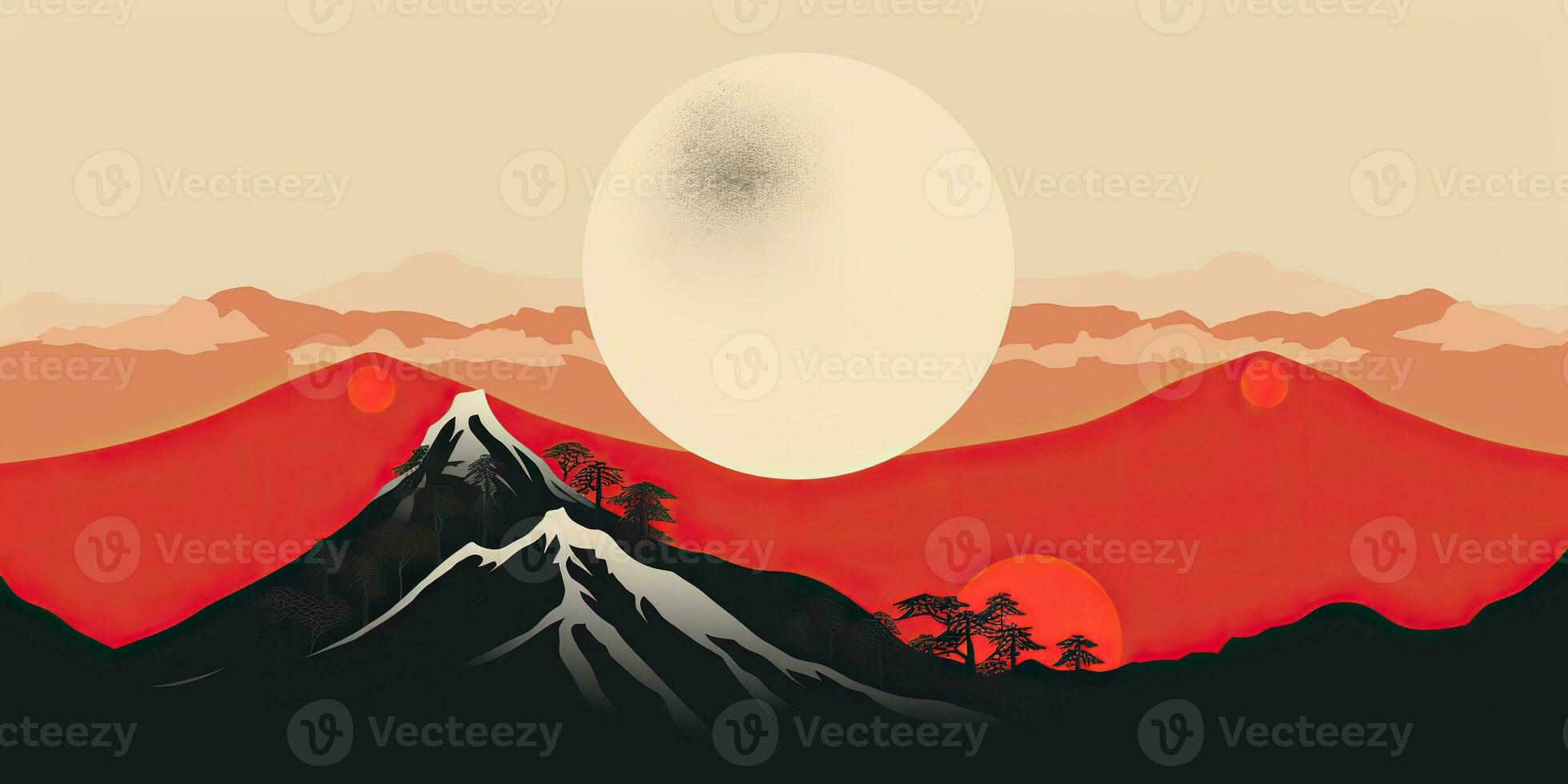 AI Generated. AI Generative. Japanese asian minimalistic landscape background. Nature outdoor sun mountain sunset sunrise vacation adventure view. Graphic Art photo