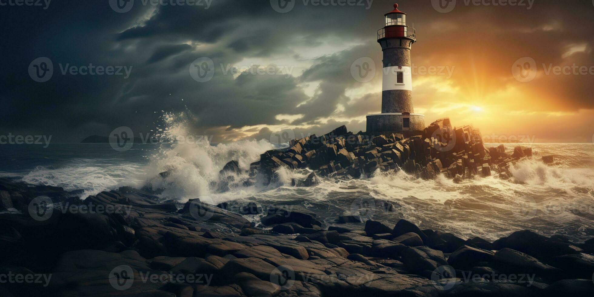 AI Generated. AI Generative. Nautical marine navy landscape with lighthouse on rock coast line with huge waves. Sea adventures explore. Graphic Art photo