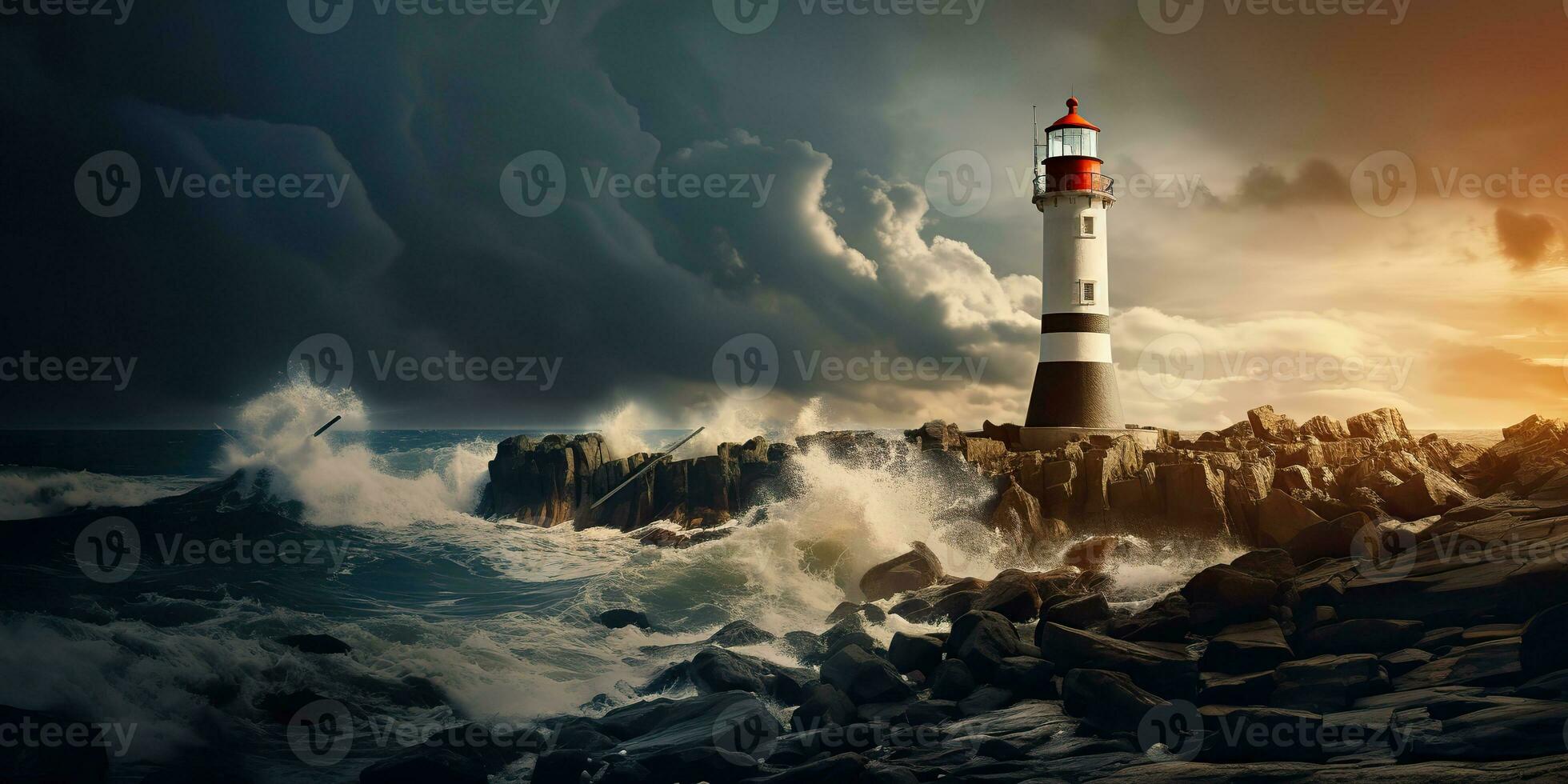 AI Generated. AI Generative. Nautical marine navy landscape with lighthouse on rock coast line with huge waves. Sea adventures explore. Graphic Art photo