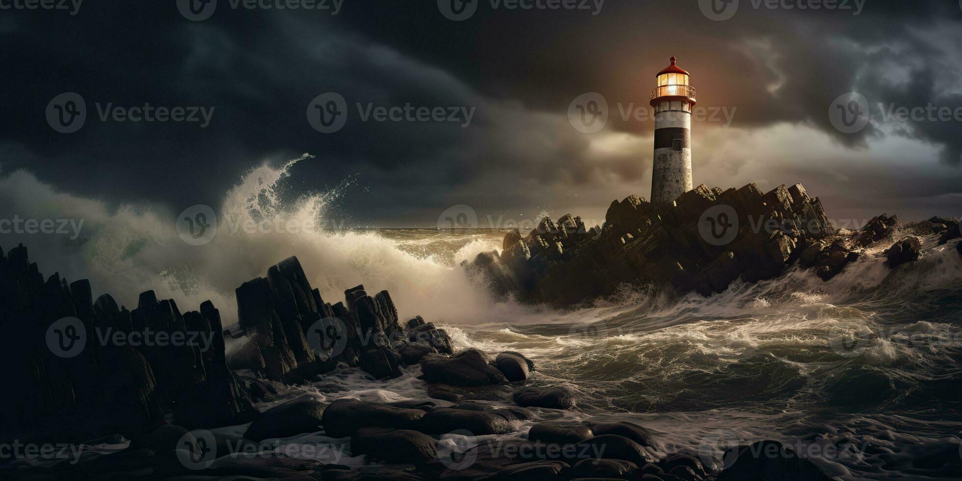 AI Generated. AI Generative. Nautical marine navy landscape with lighthouse on rock coast line with huge waves. Sea adventures explore. Graphic Art photo