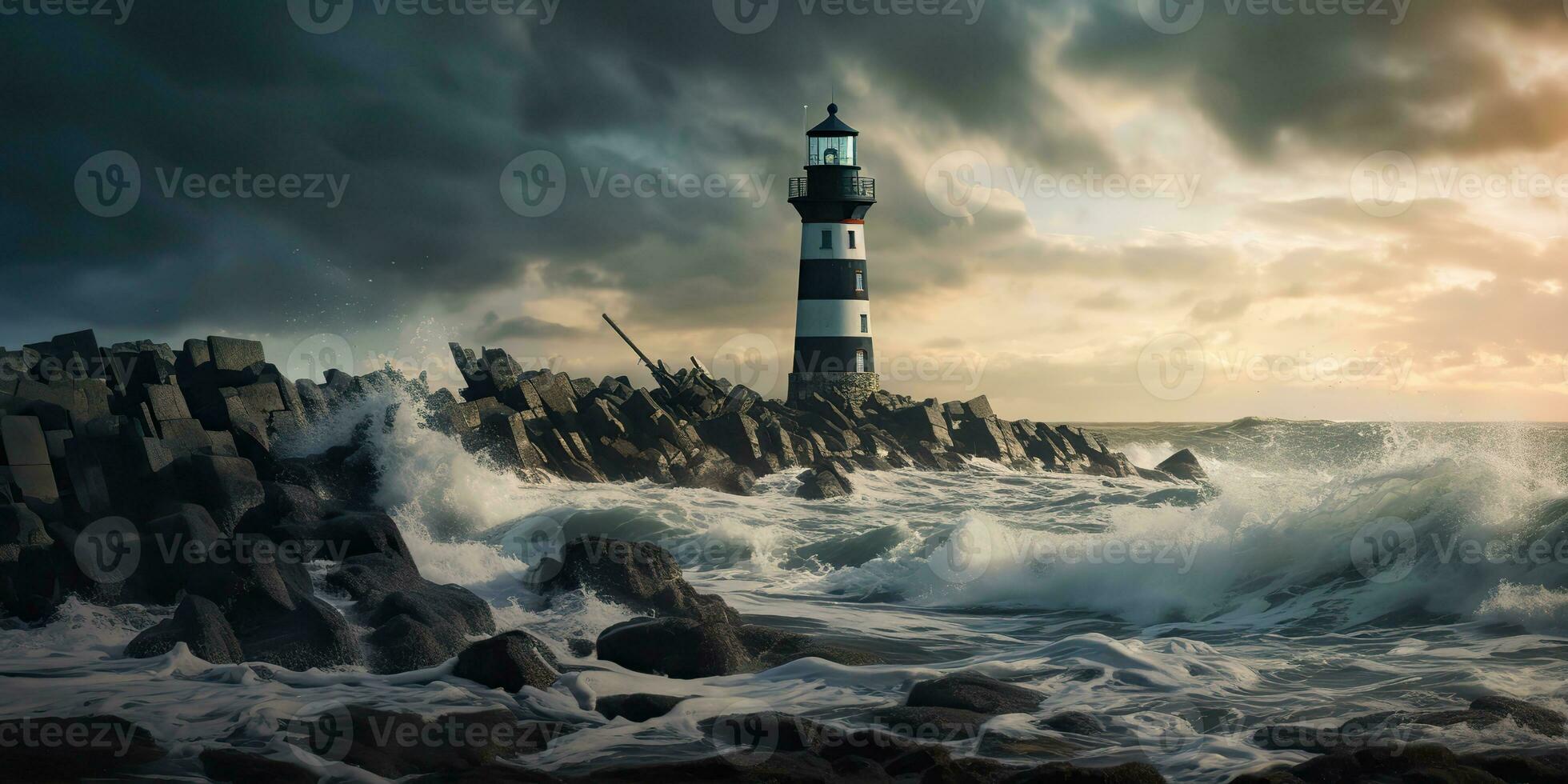AI Generated. AI Generative. Nautical marine navy landscape with lighthouse on rock coast line with huge waves. Sea adventures explore. Graphic Art photo